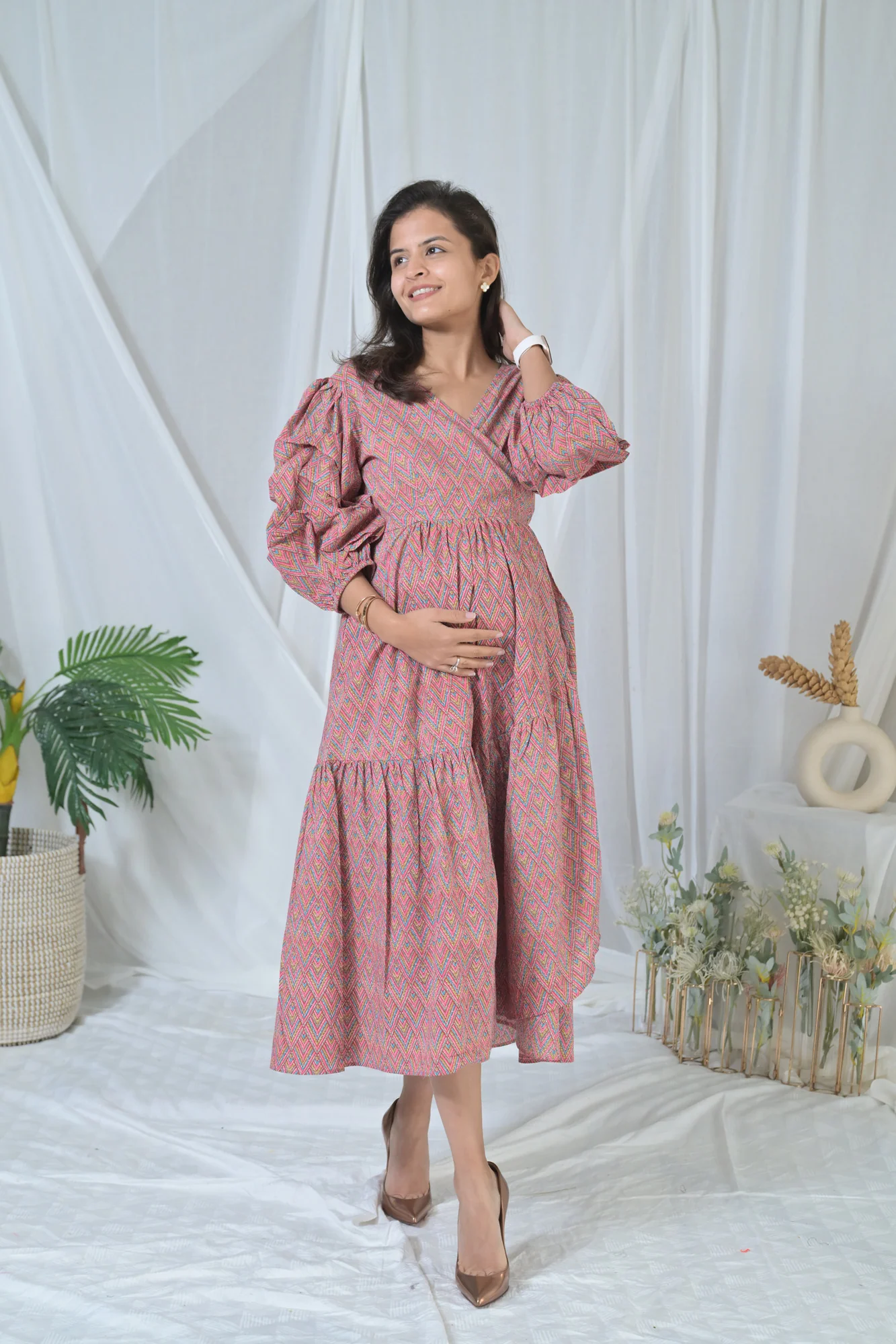 Nautical Pink Maternity & Nursing Frill Wrap Dress (100% Cotton) - Chenance