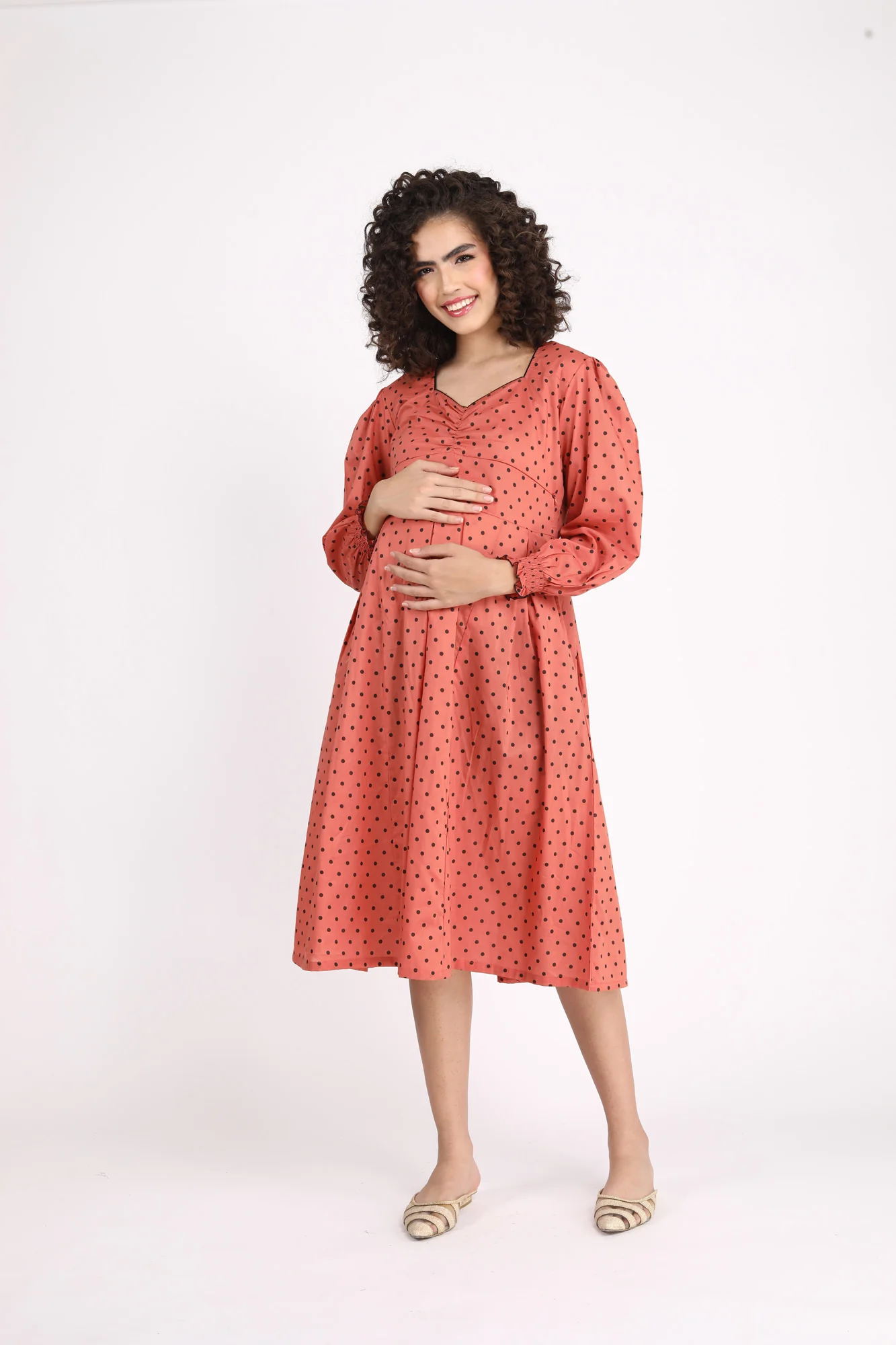 Rouge Polka Maternity & Nursing Dress (100% Cotton) - Chenance