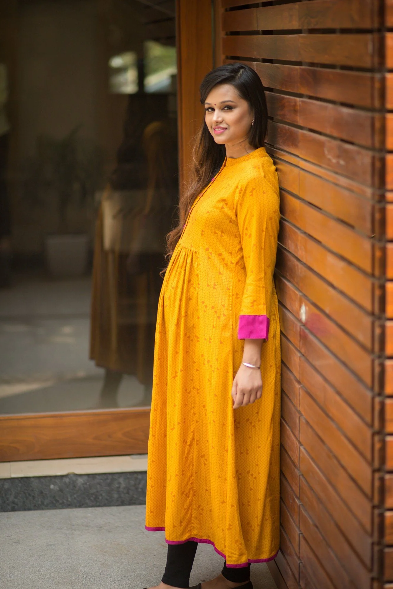 Mustard Yellow & Fuscia Long Maternity & Nursing Kurta - Chenance