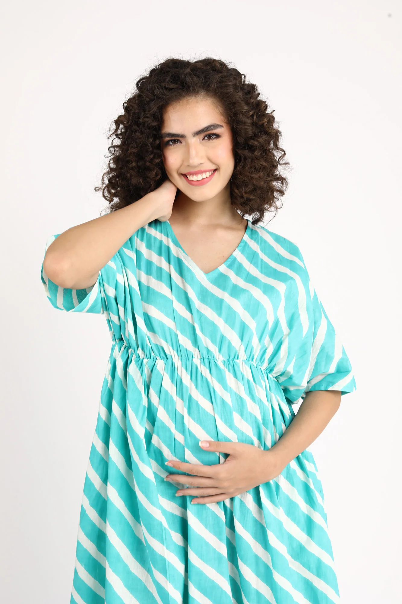 Teal Green Striped Maternity Kaftan Dress (100% Cotton) - Chenance