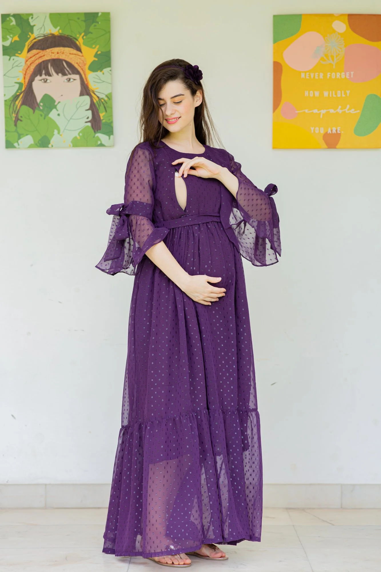 Brinjal Purple Maternity & Nursing Frill Dress - Chenance