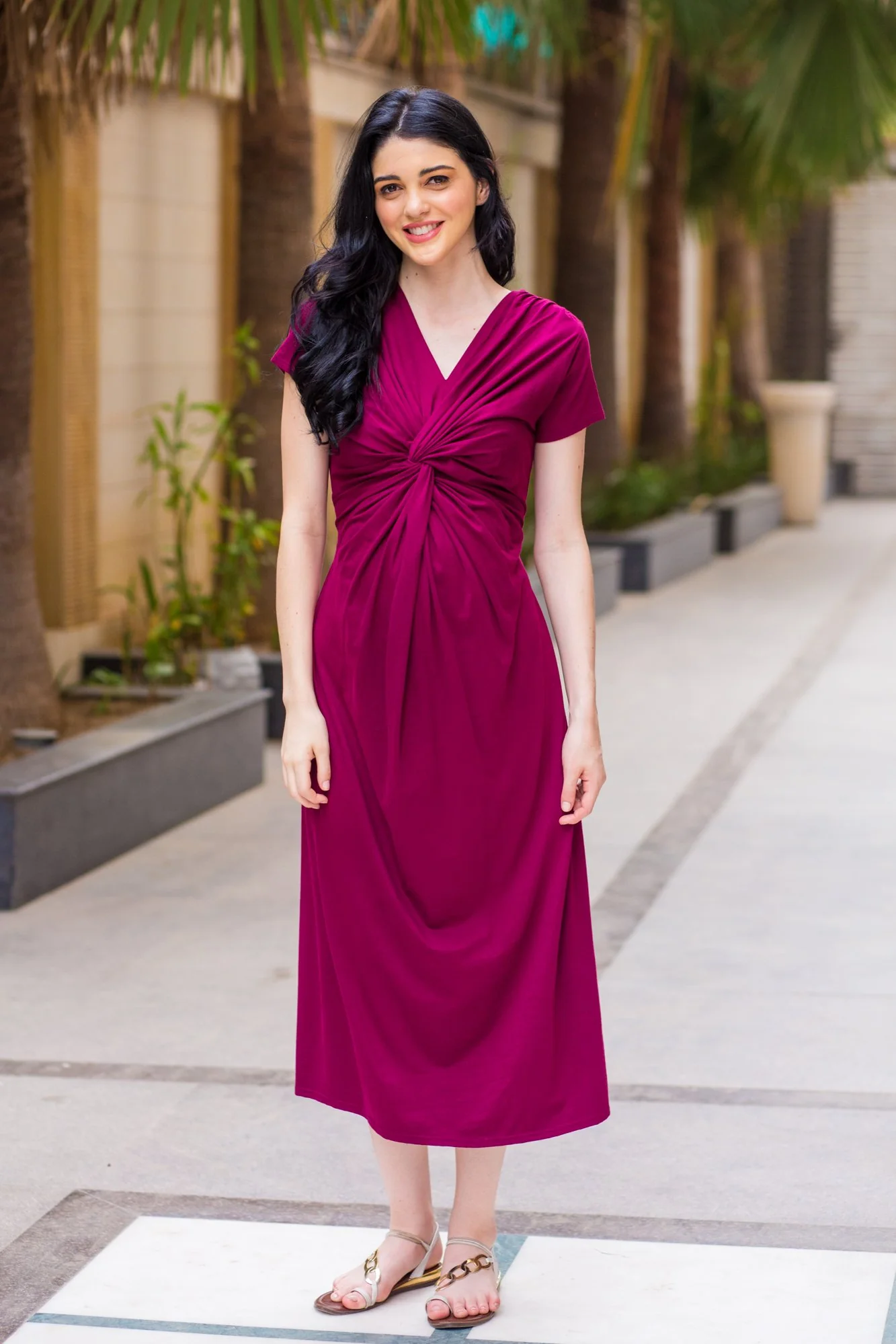 Maroon Berry Front Knot Lycra Maternity Dress - Chenance