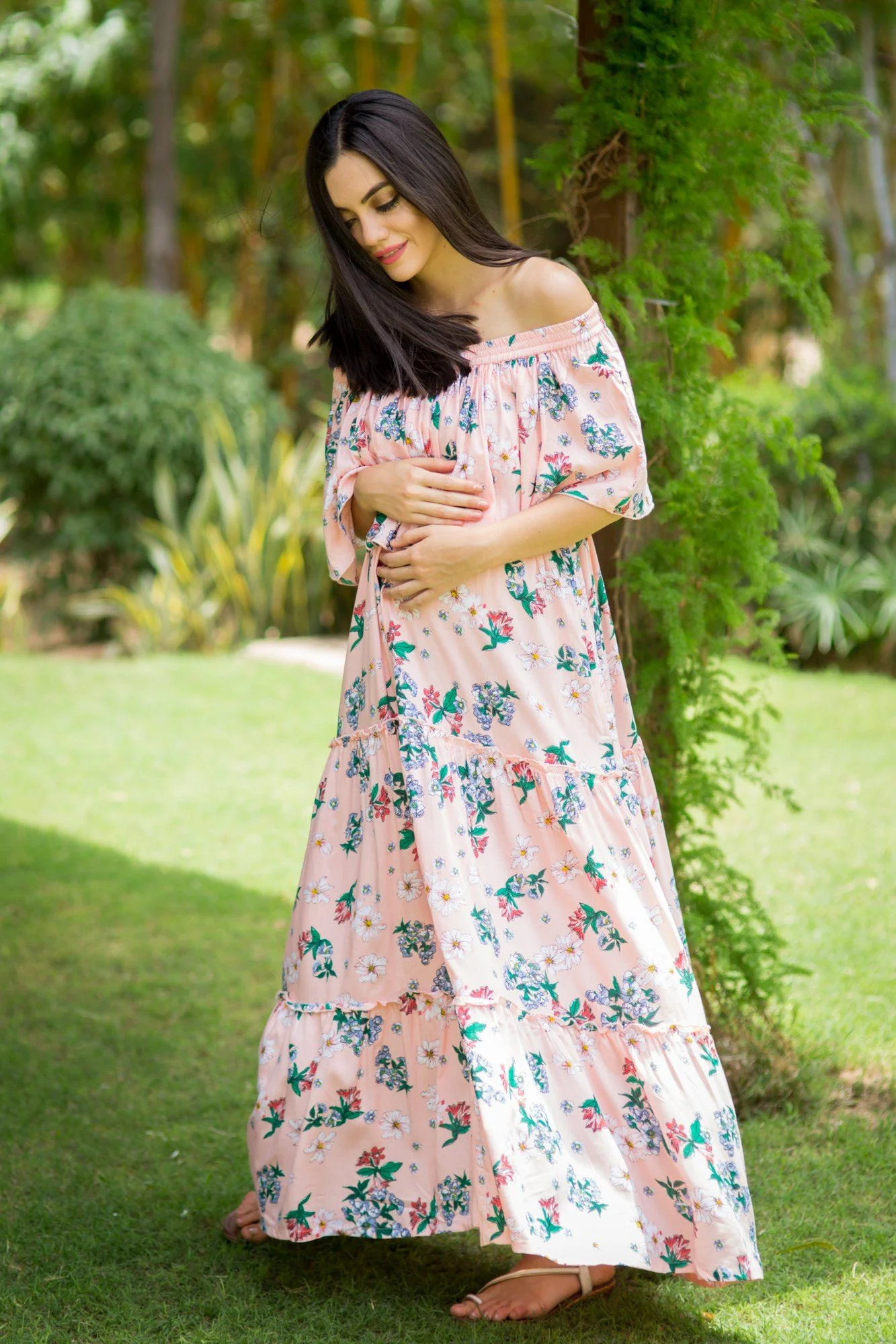 Rose Peach Off-Shoulder Maternity Maxi - Chenance