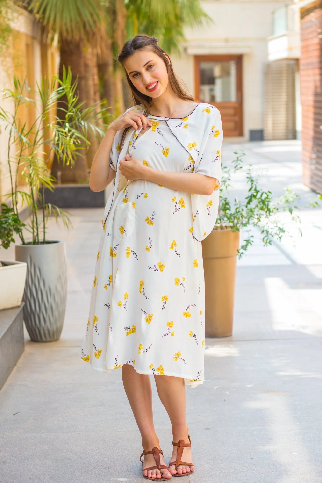Pristine White Yellow Maternity & Nursing Flap Dress - Chenance