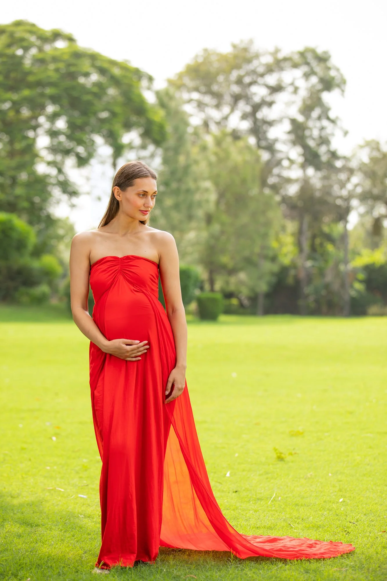Luxe Cherry Red Off-Shoulder Trail Maternity Photoshoot Gown - Chenance
