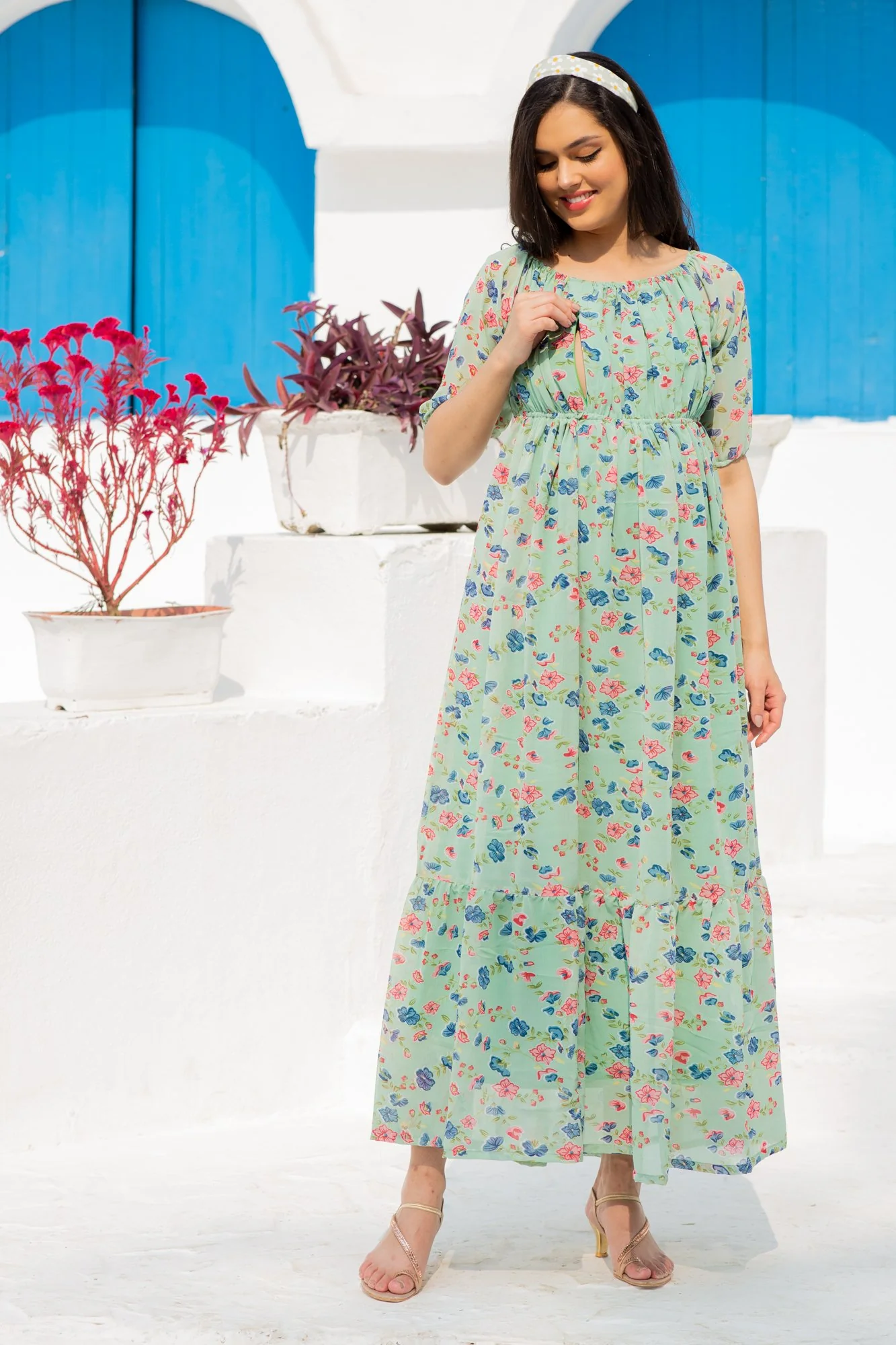 Mint Green Floral Dual Off-Shoulder Boat Neck Maternity & Nursing Maxi Dress - Chenance