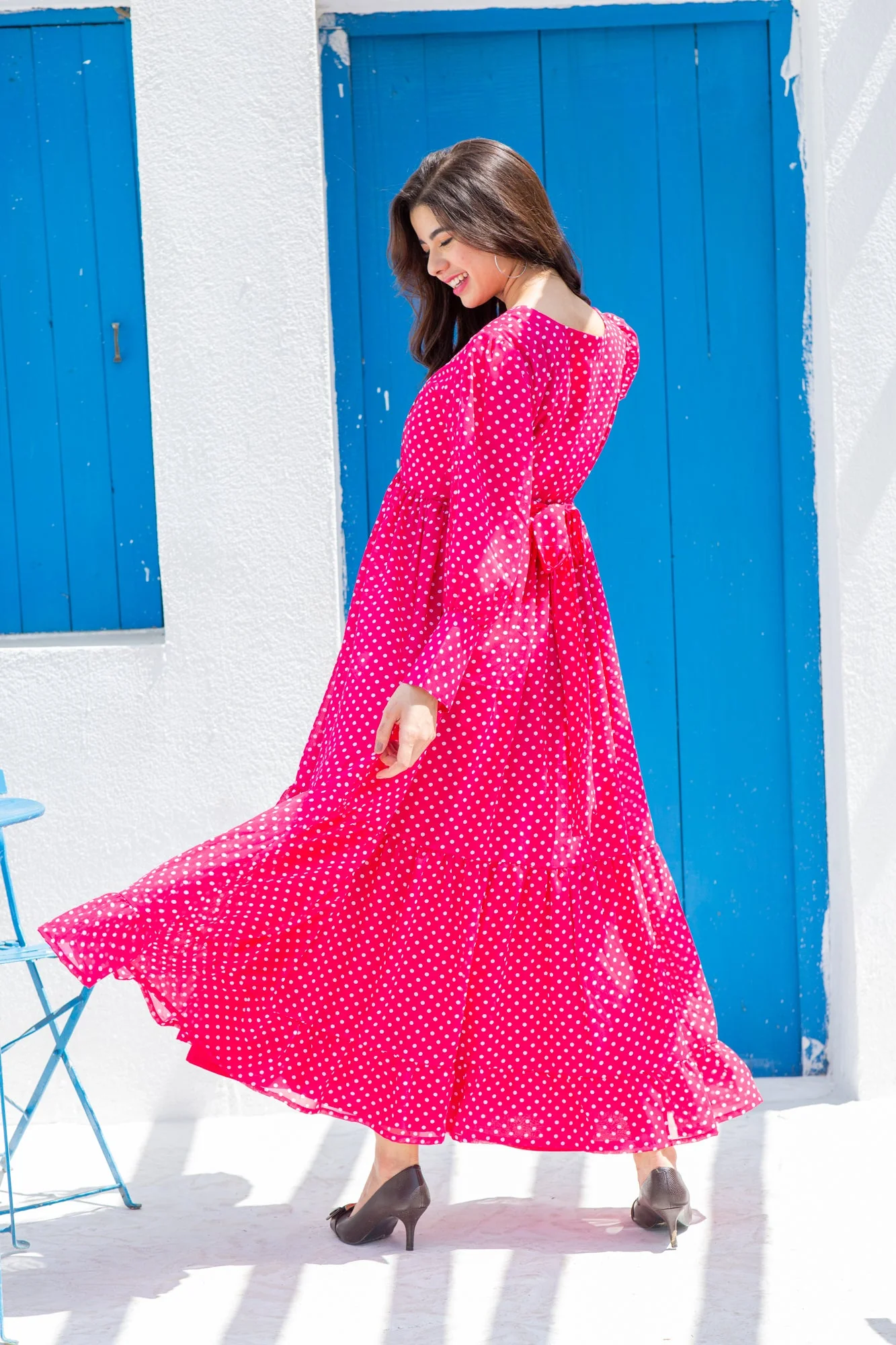 Classy Fuchsia Dotted Maternity And Nursing Dress - Chenance