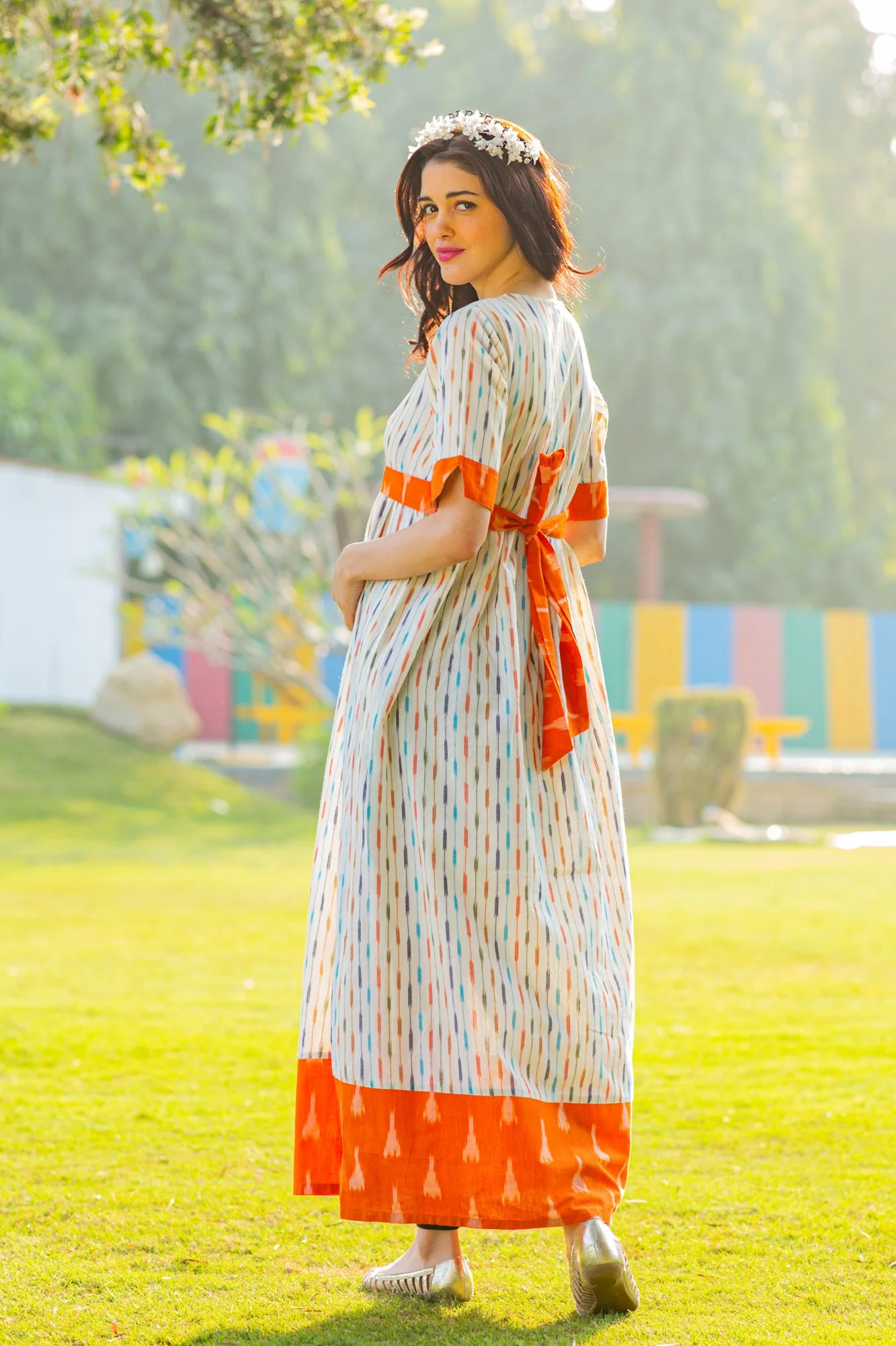 Pristine White Ikat Maternity and Nursing Kurta Dress - Chenance