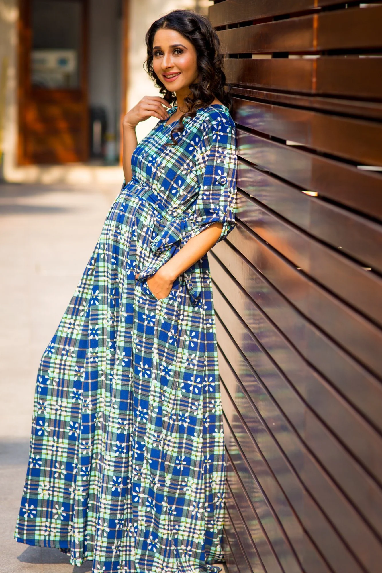 Mint Blossom Check Concealed Zips Maternity & Nursing Maxi Dress - Chenance