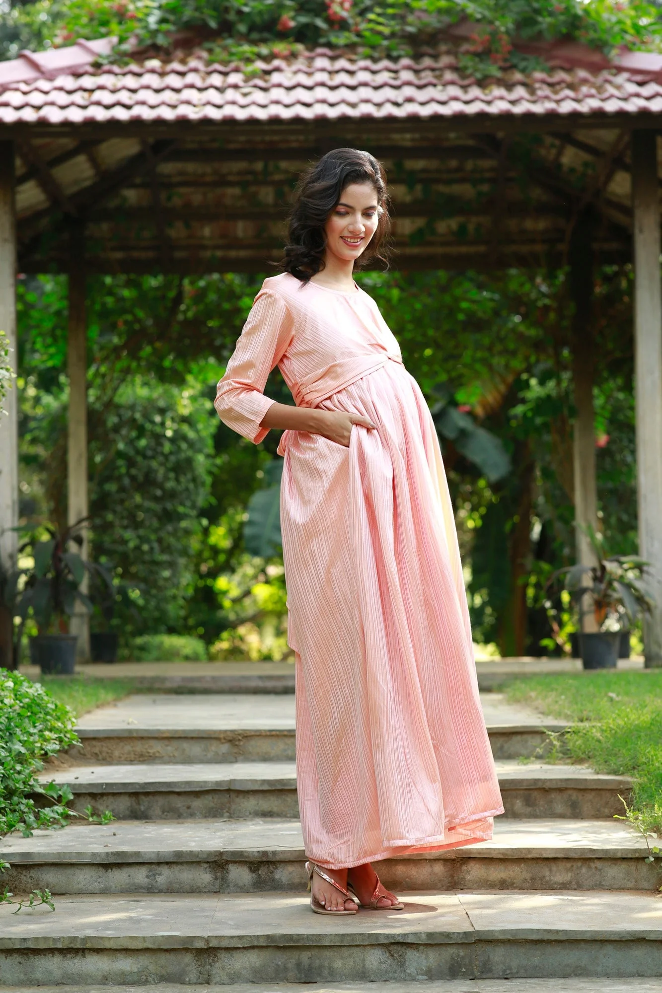 Elegant Coral Pleated Maternity Knot Dress - Chenance