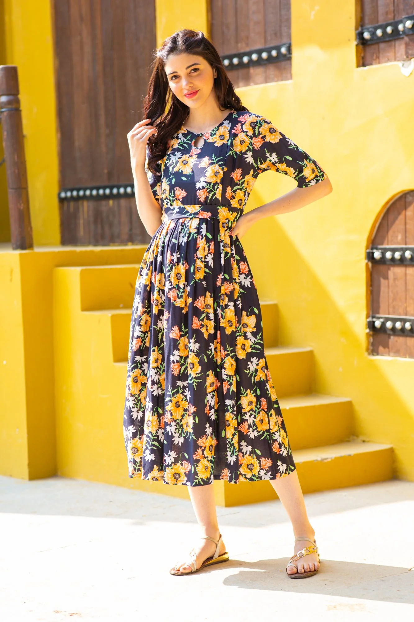 Twilight Floral Maternity & Nursing Concealed Zips Dress - Chenance