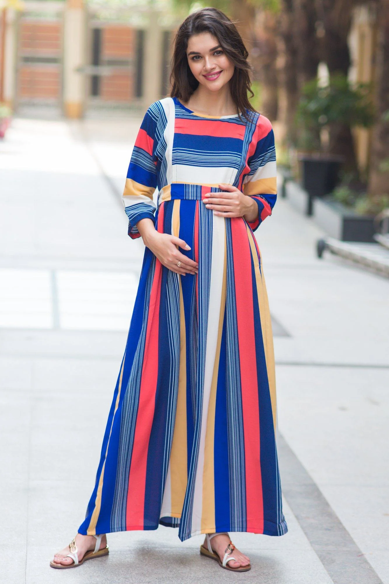 Rainbow Stripe Crepe Maternity & Nursing Maxi - Chenance