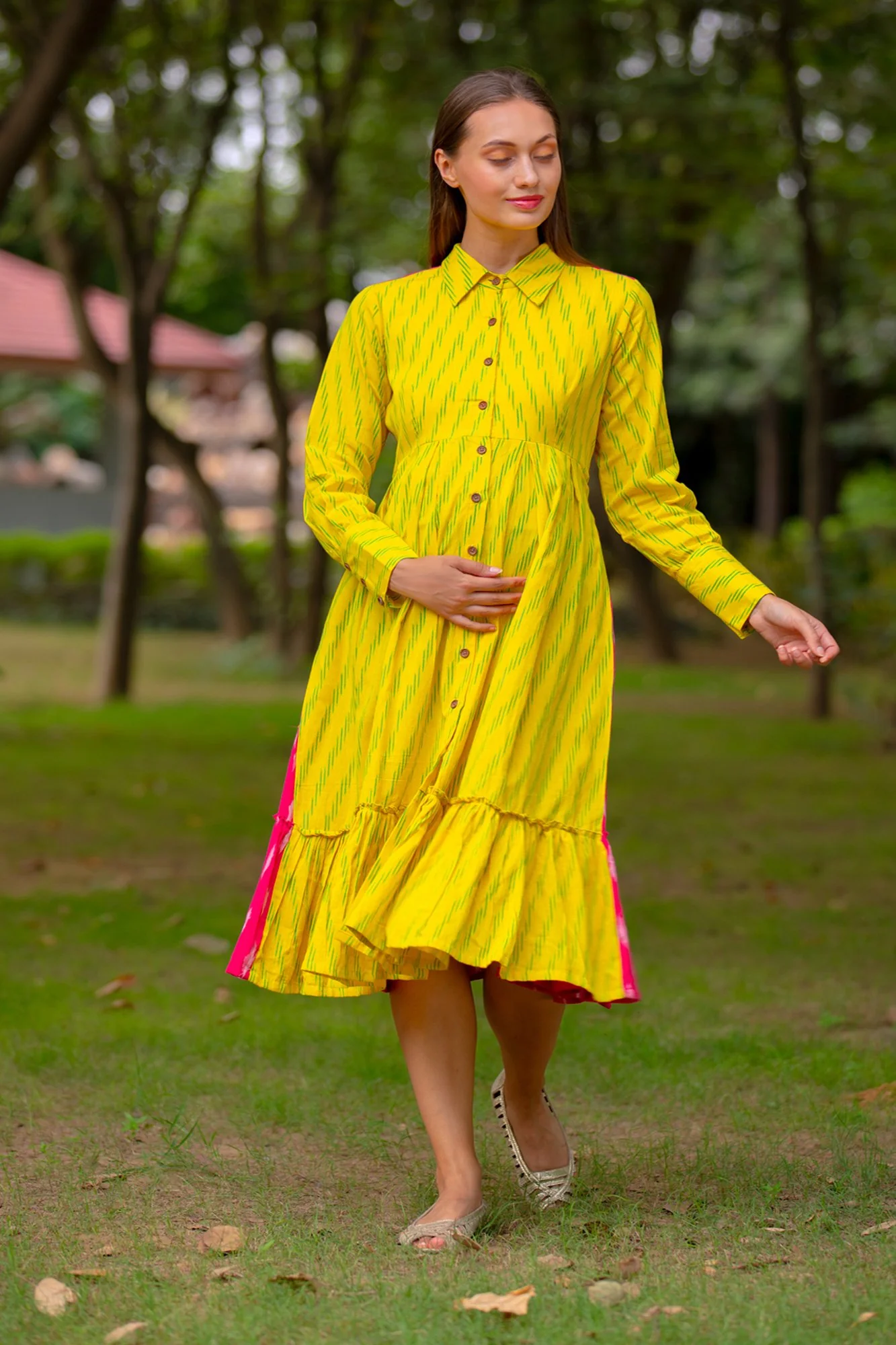 Lemon Pink Cotton Maternity & Nursing Collar Dress - Chenance