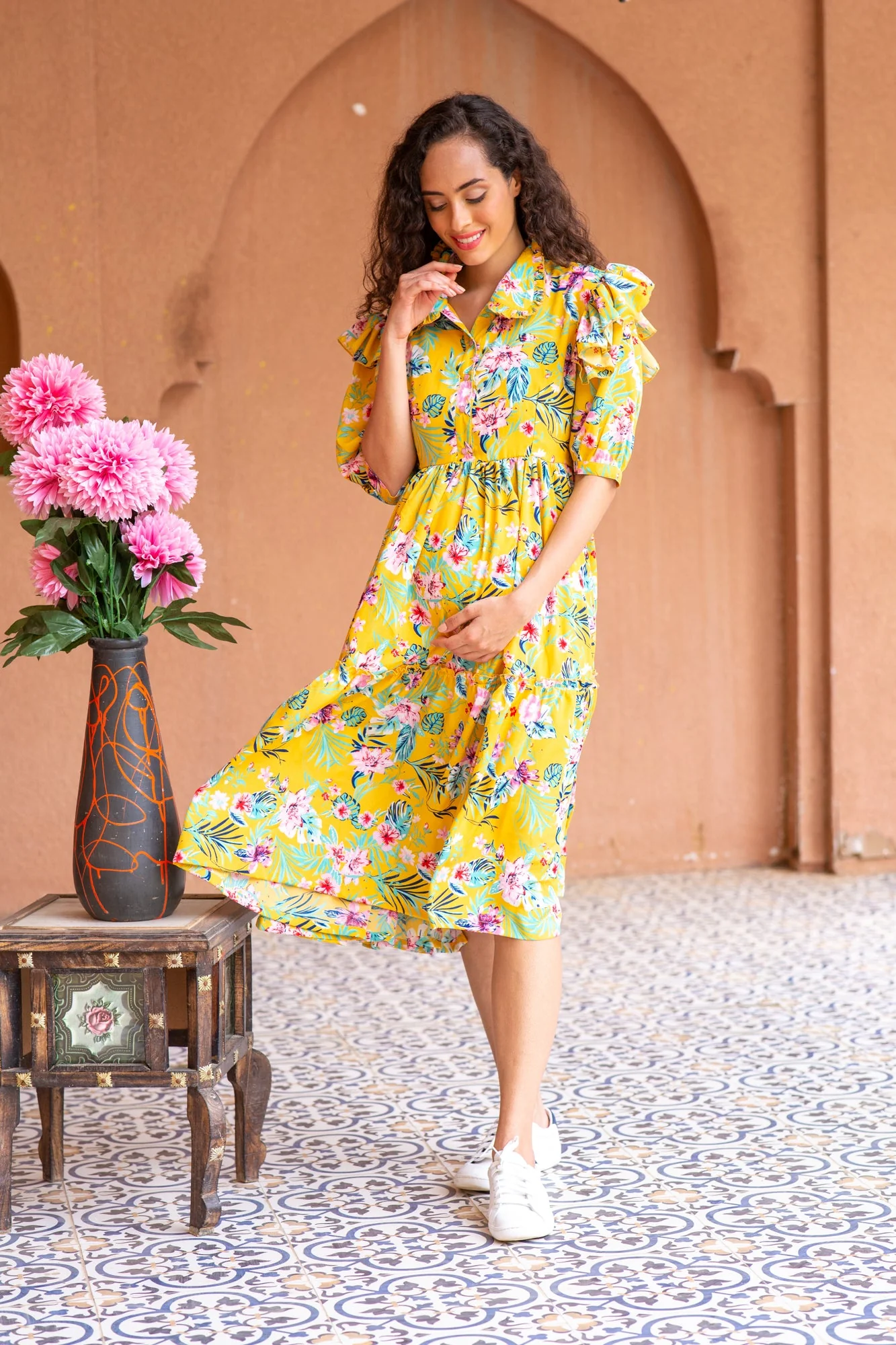 Miami Dancing Floral Maternity & Nursing Frill Dress - Chenance
