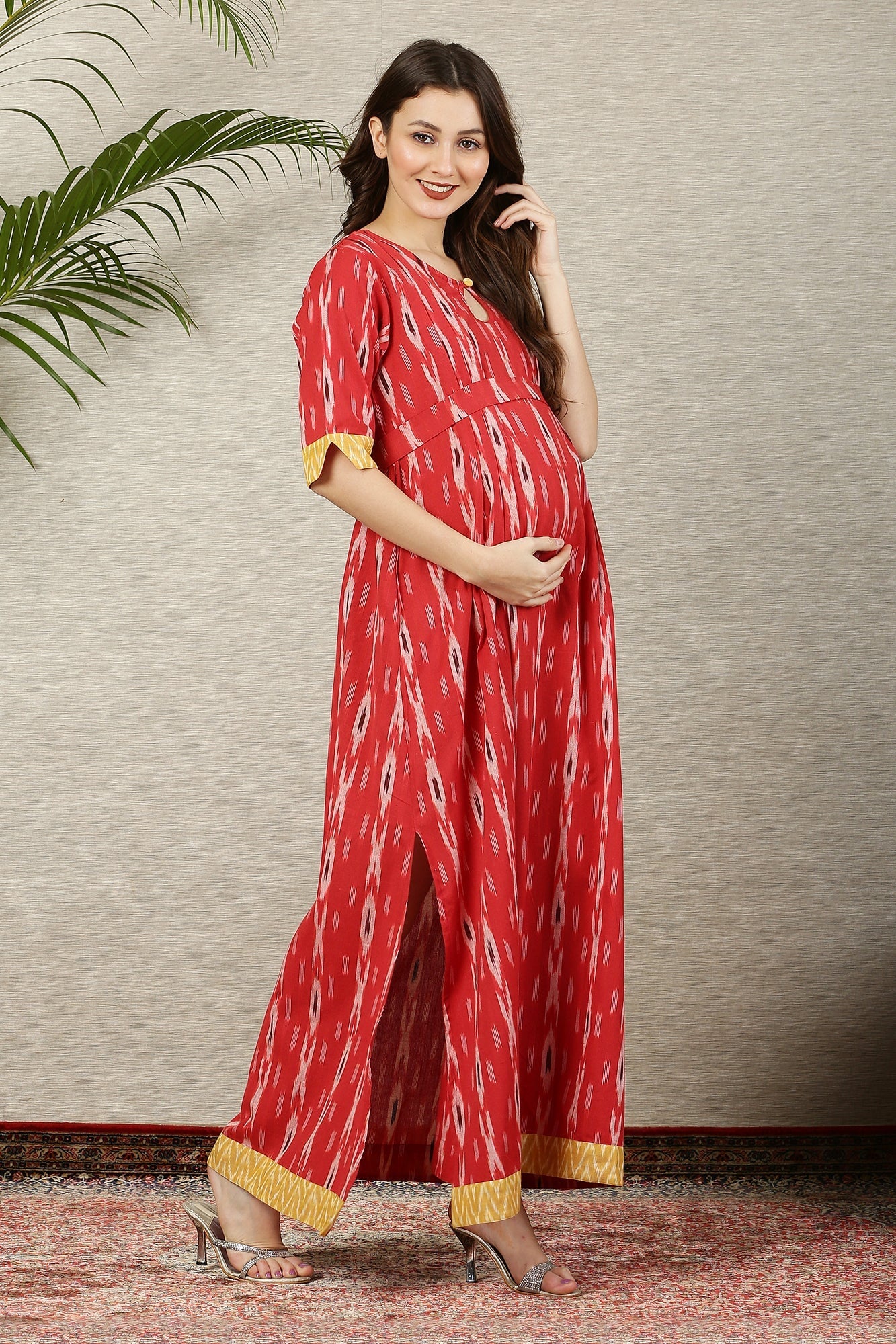 Pleasing Crimson Ikat Side Slit Long Maternity & Nursing Dress (100% Cotton) - Chenance