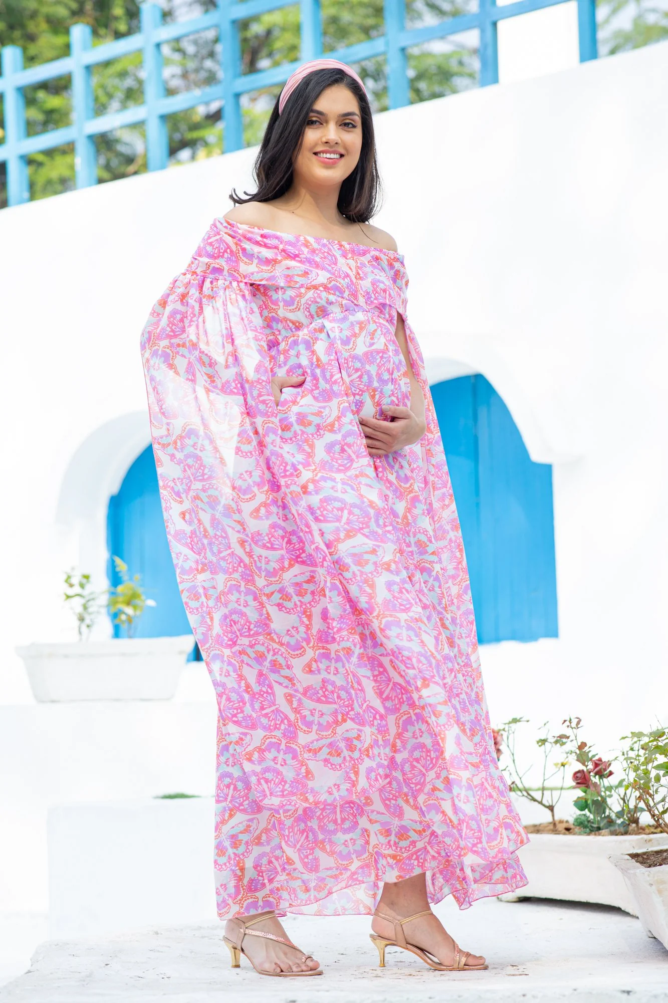 Pink Butterfly Flying Sleeves Maternity & Nursing Dress - Chenance