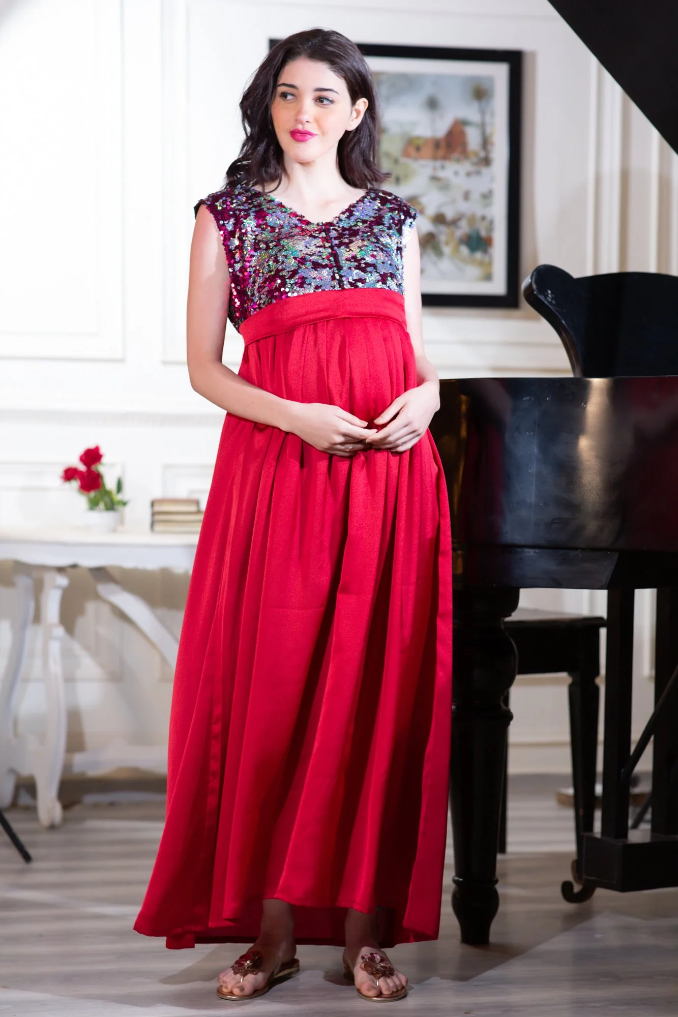 Luxe Red Gold Sequin Maternity & Nursing Dress - Chenance