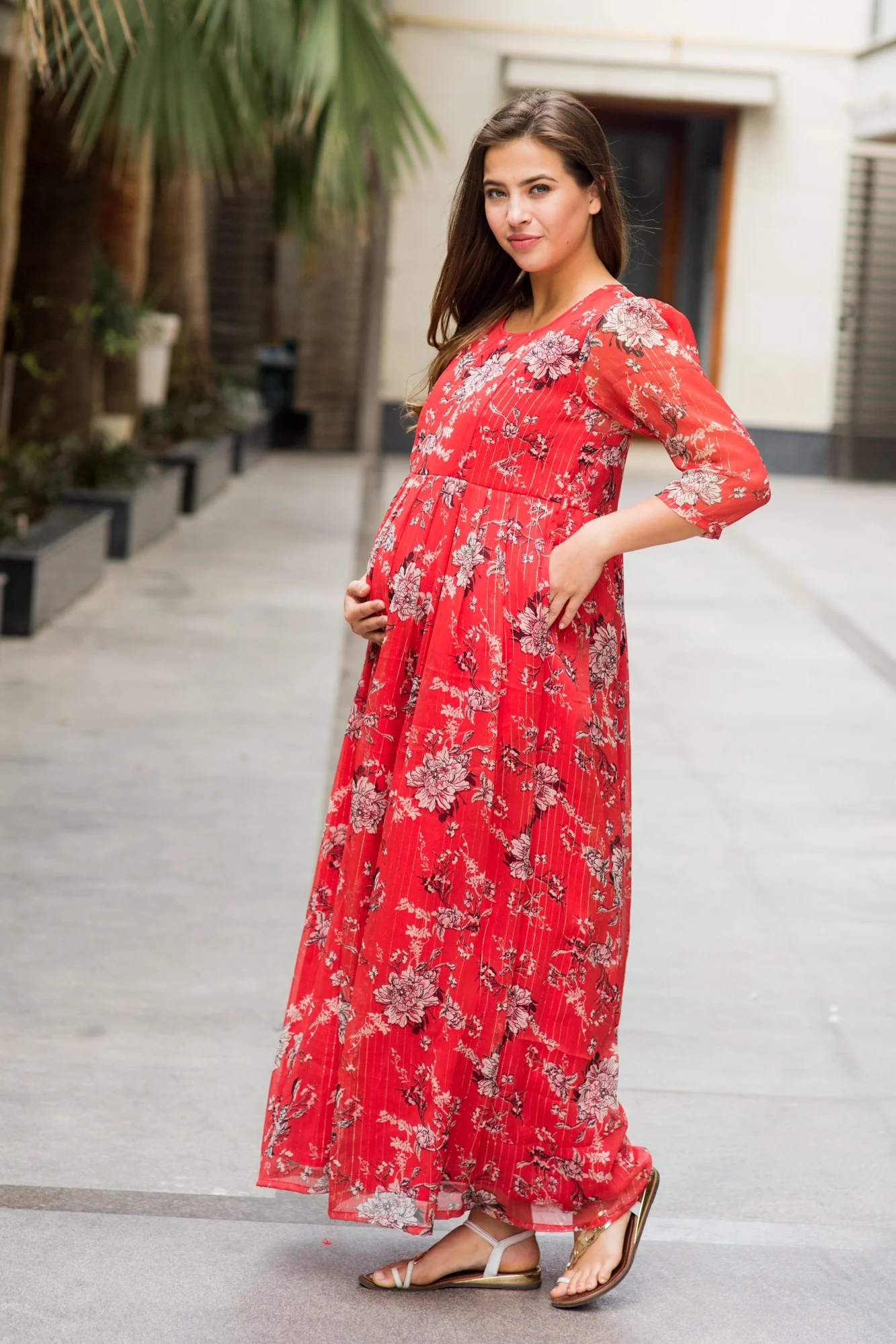 Luxe Chiffon Tangerine Floral Maternity & Nursing Dress - Chenance