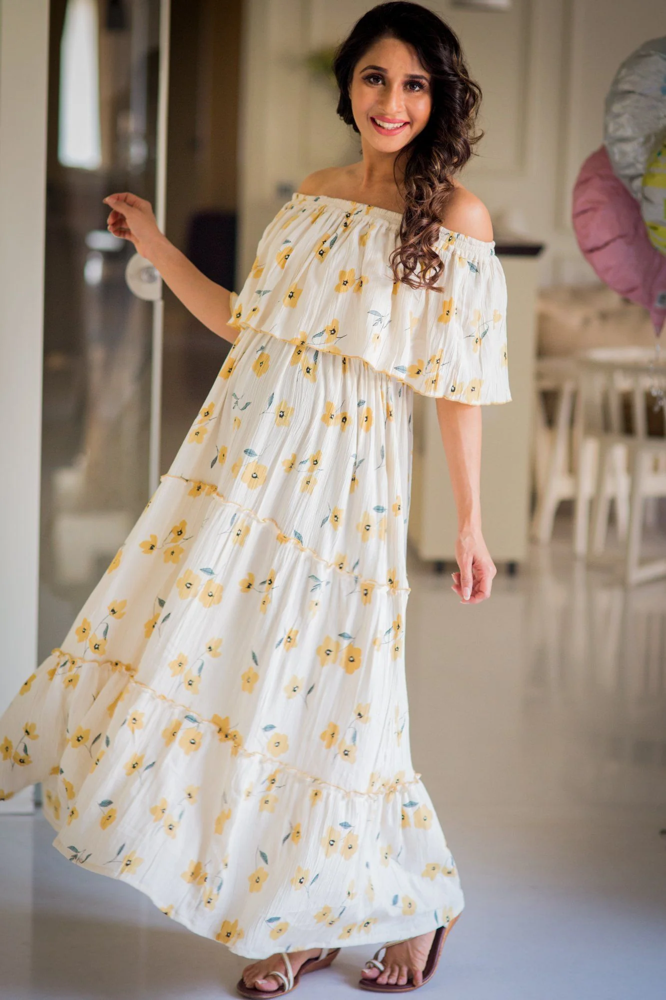 Offwhite Marigold Off-Shoulder Maternity Maxi Dress - Chenance