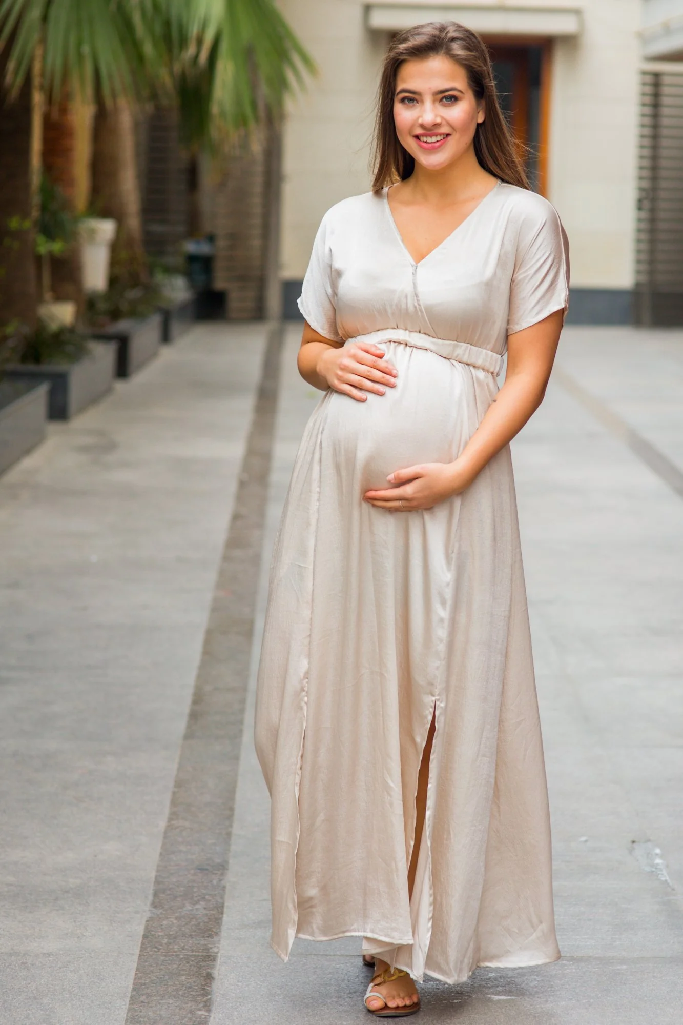Elegant Pearl Split Hem Maternity & Nursing Dress - Chenance