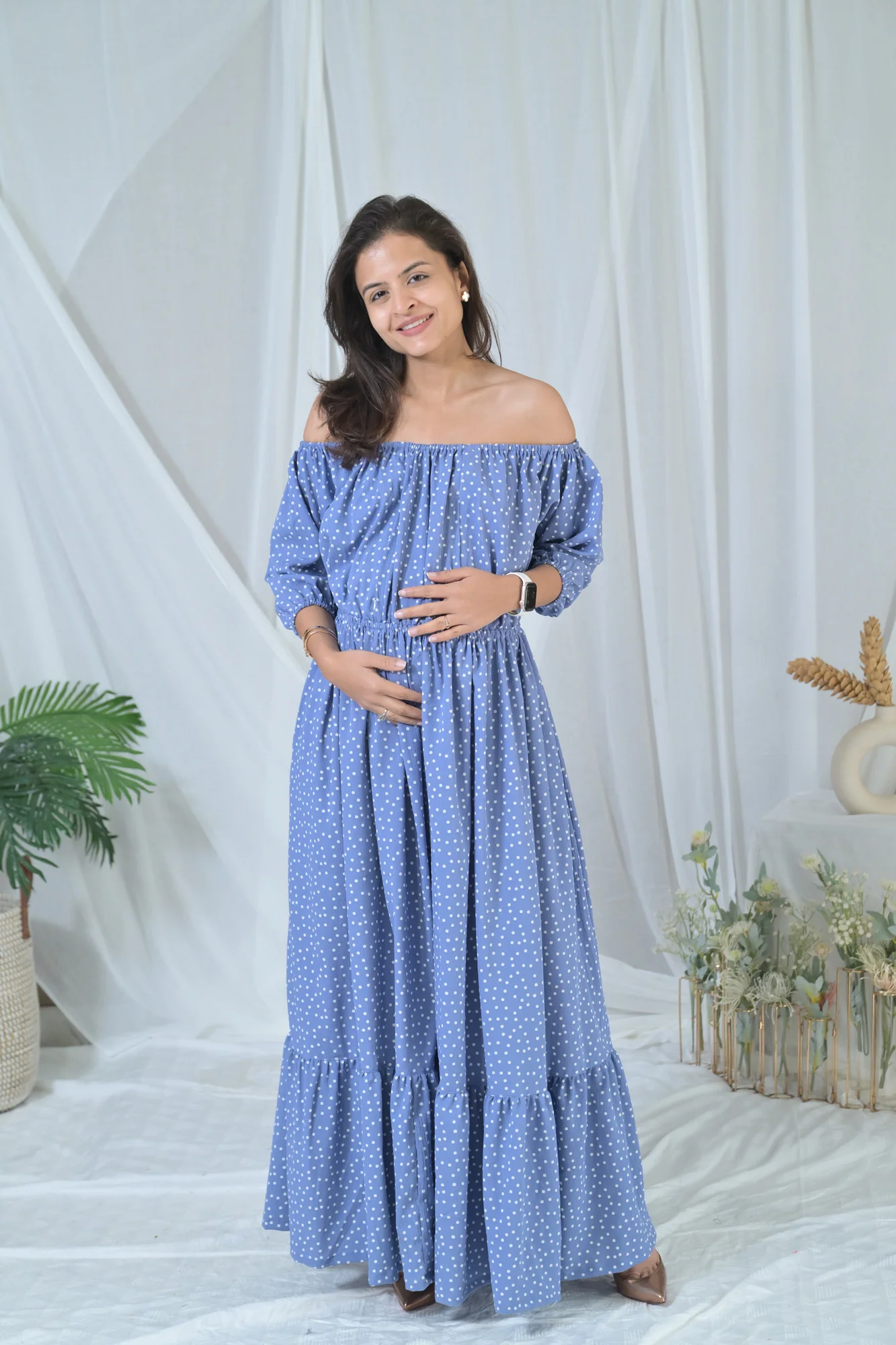 Sea Blue Polka Off-Shoulder Maternity & Nursing Maxi Dress - Chenance