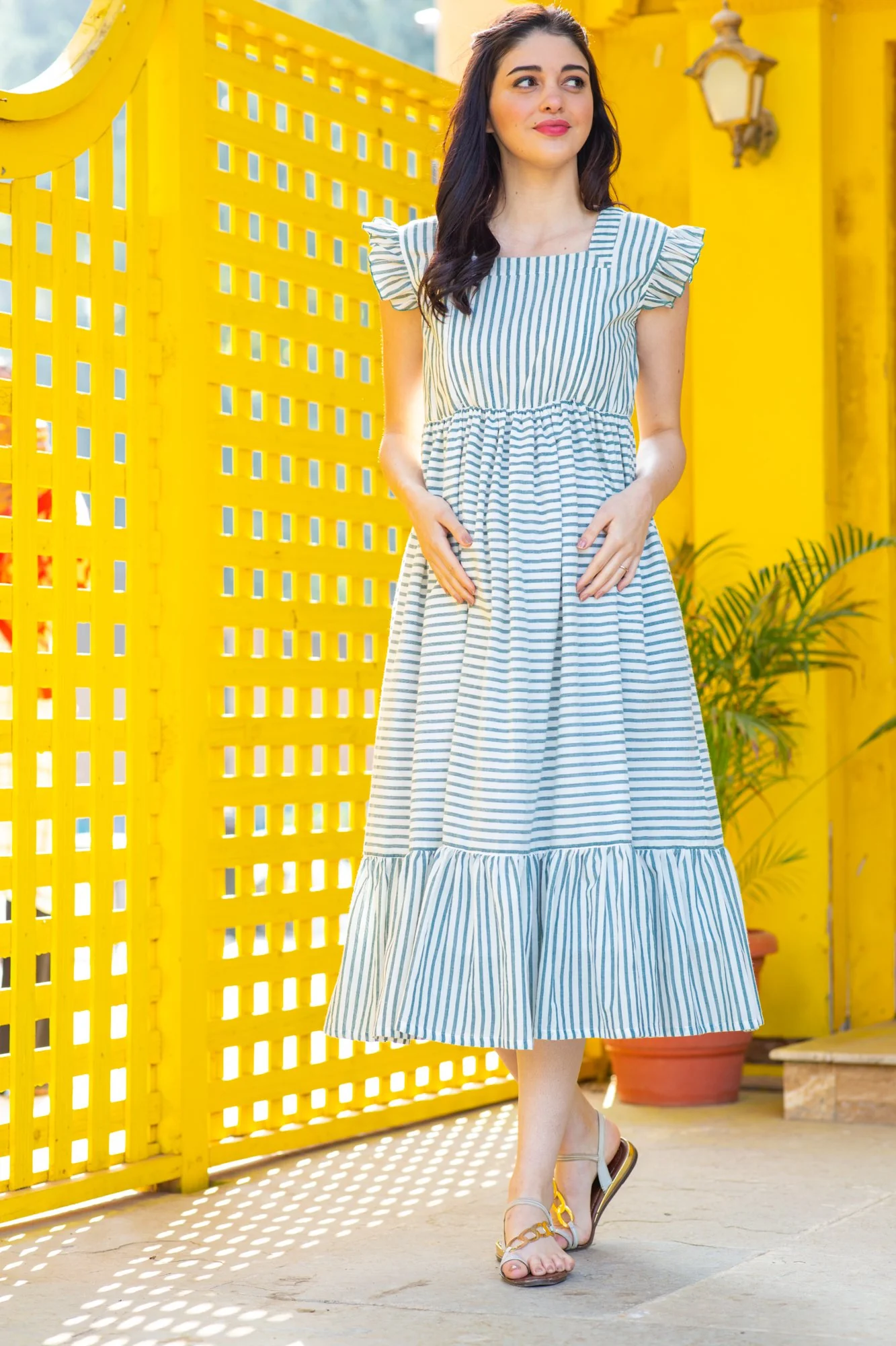 Sage Striped Maternity & Nursing Frill Dress - Chenance