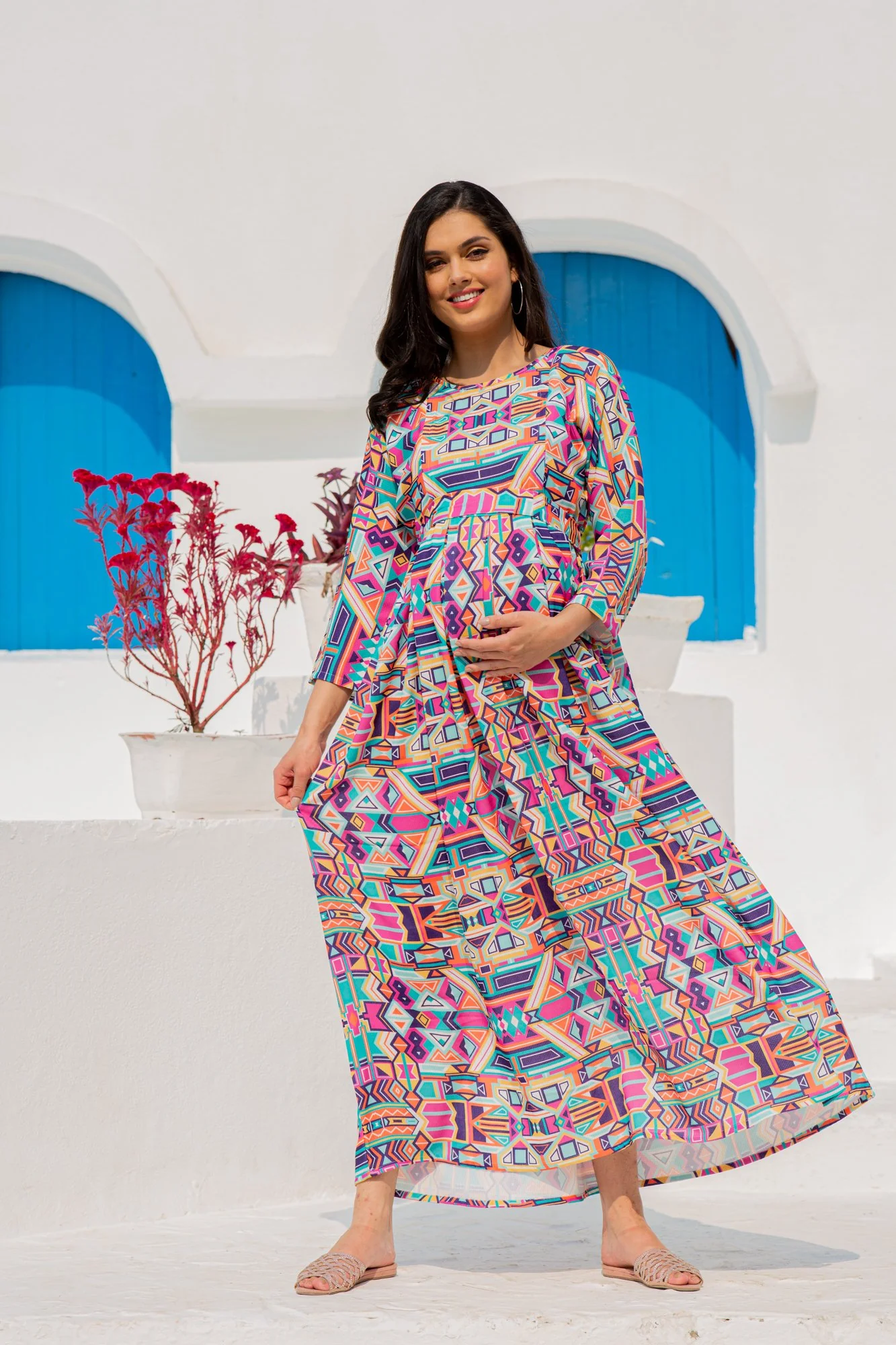 Premium Paradise Vibrant Abstract Concealed Zip Maternity & Nursing Dress - Chenance