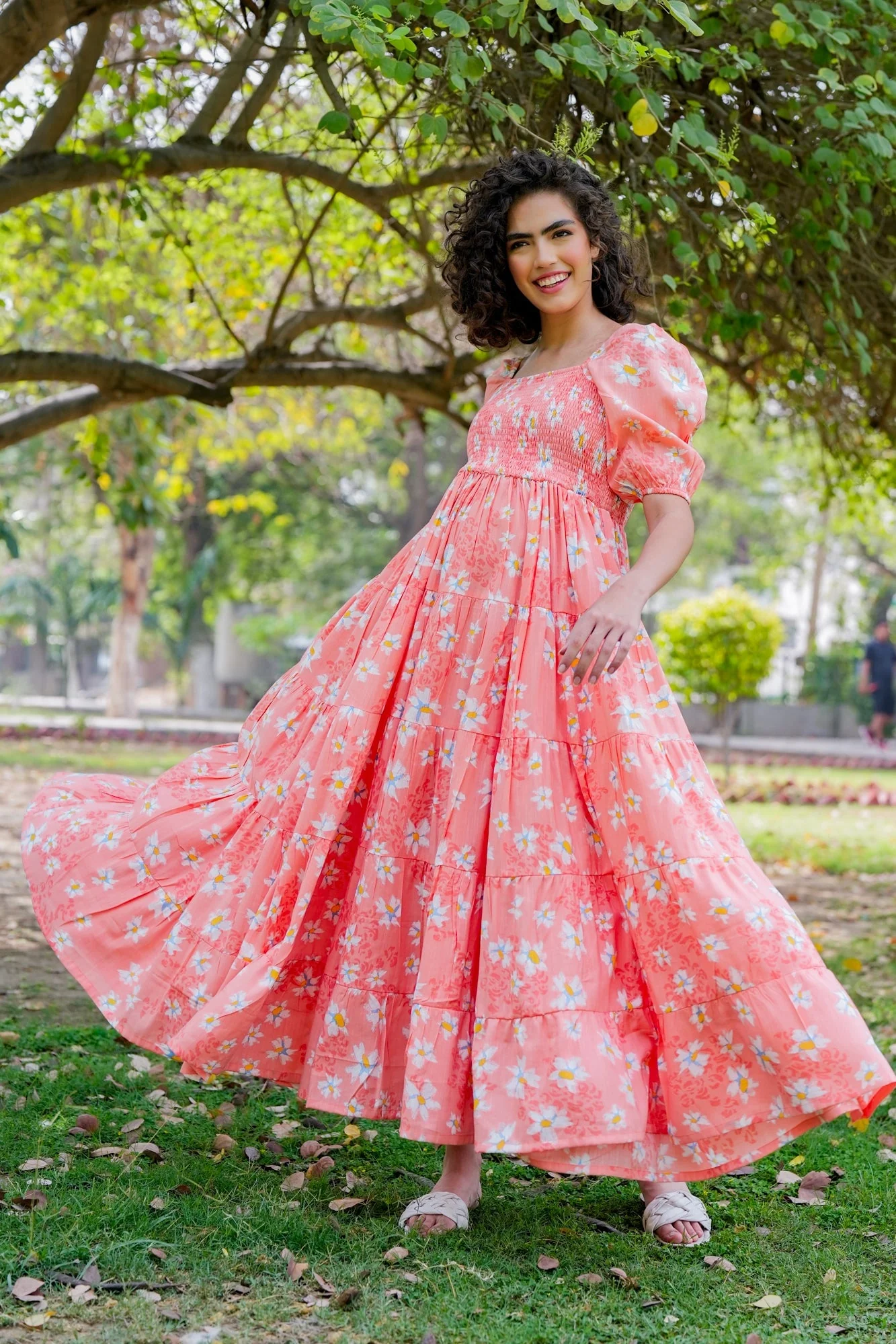 Graceful Apricot Floral Maternity Layered Dress (100% Cotton) - Chenance