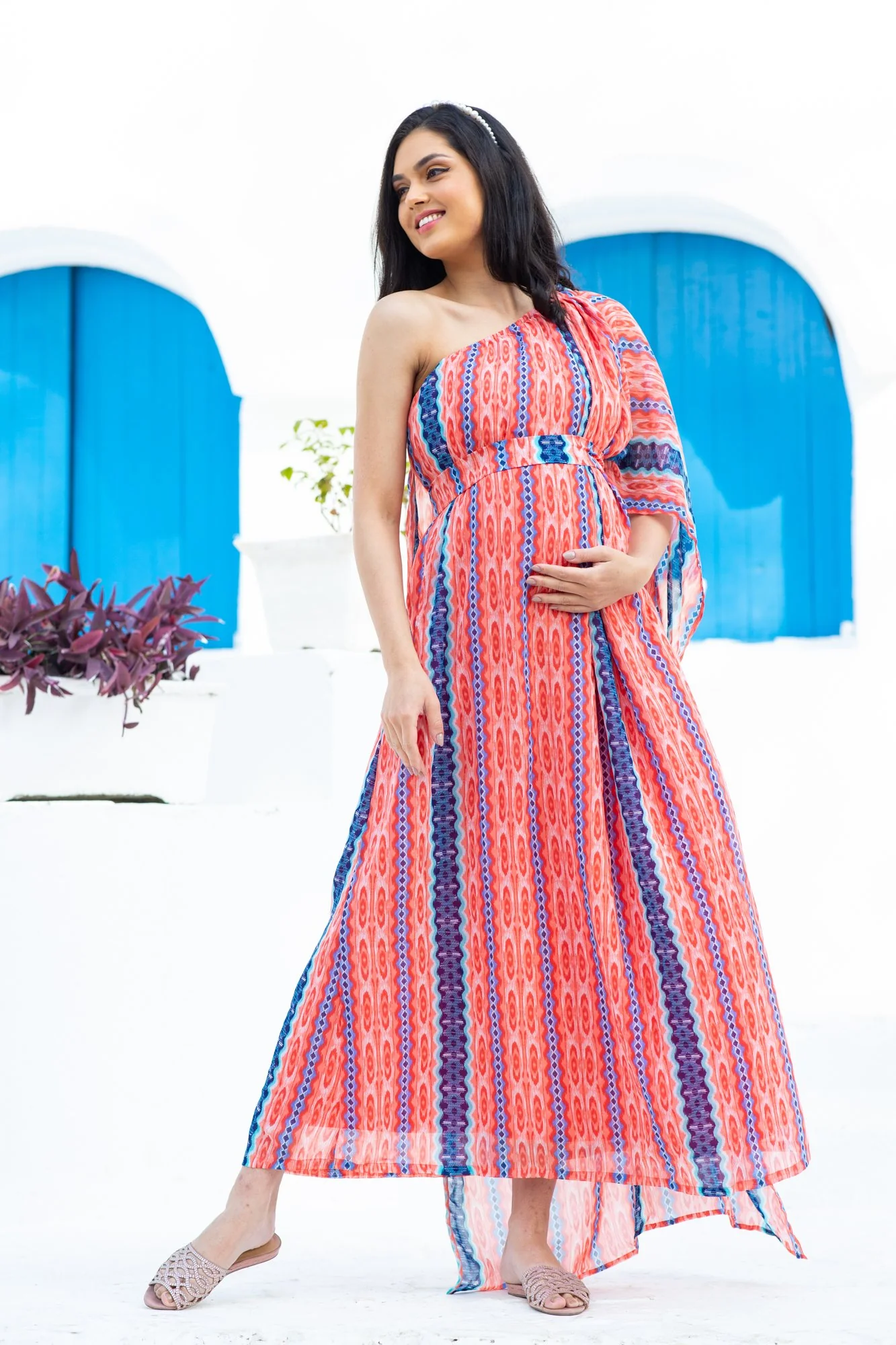 Luxe Tangerine One Shoulder Floral Maternity Gown - Chenance