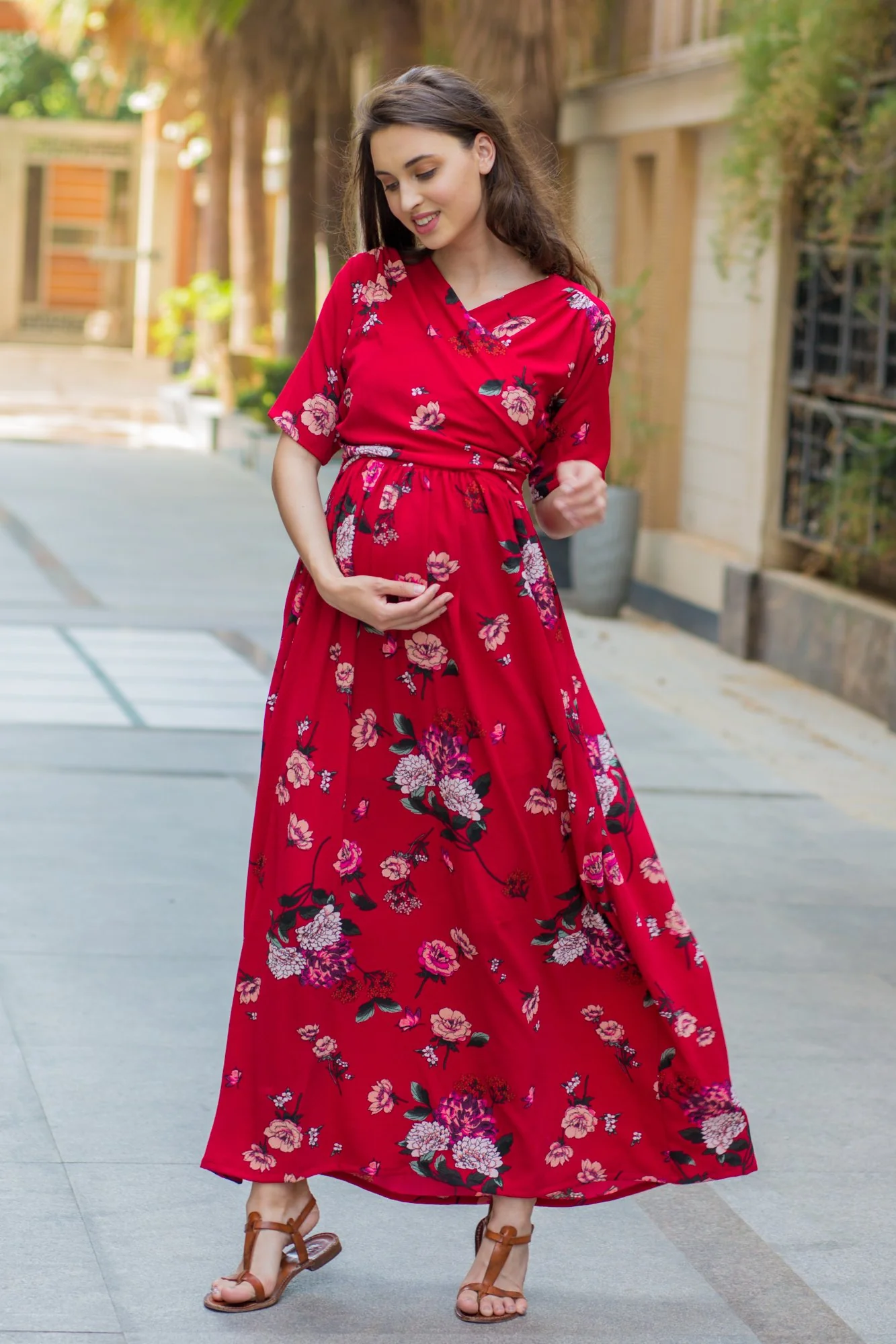 Luxe Red Floral Bubble Georgette Maternity & Nursing Wrap Dress - Chenance