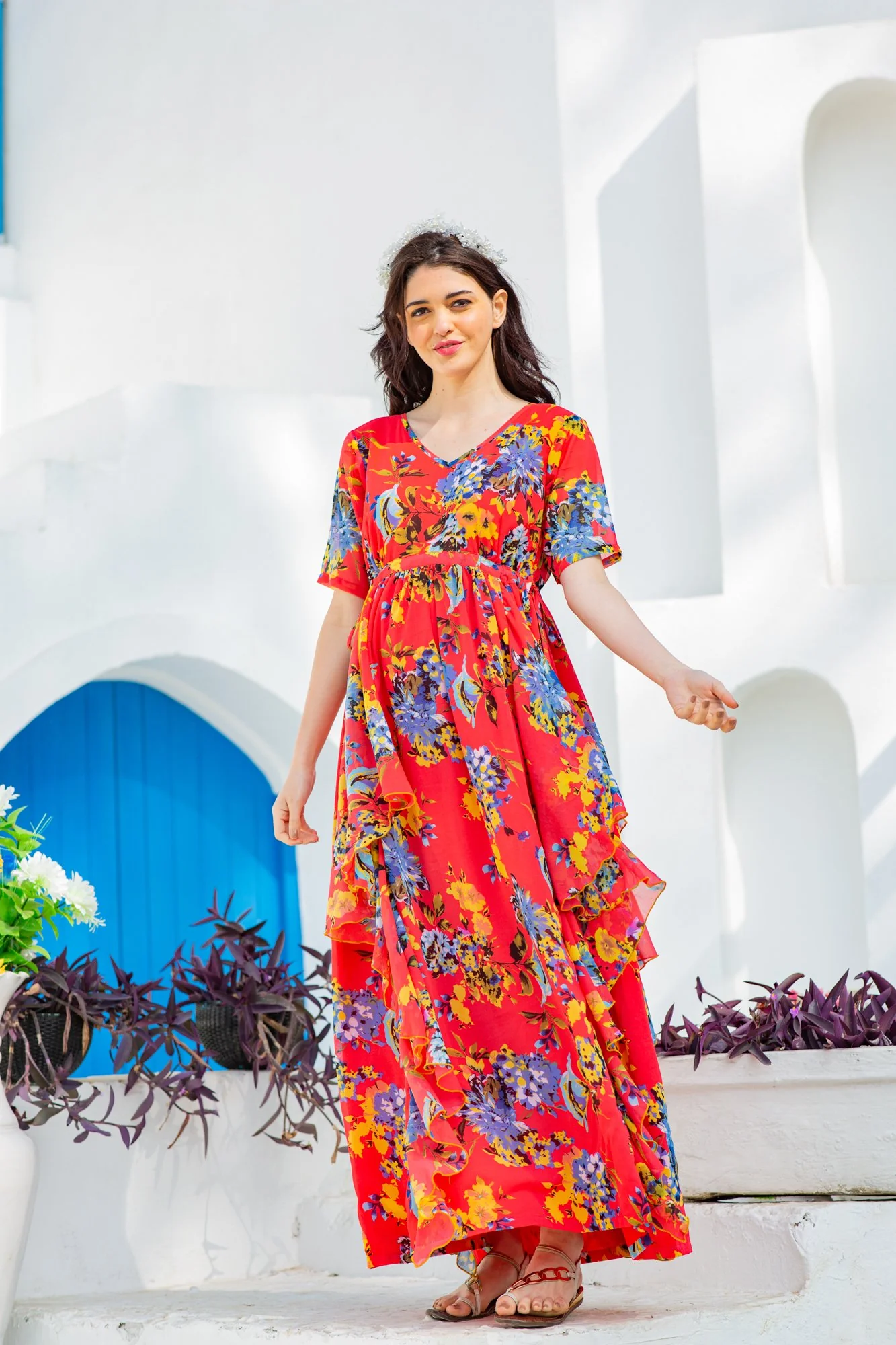 Vibrant Red Floral Maternity Flow Dress - Chenance