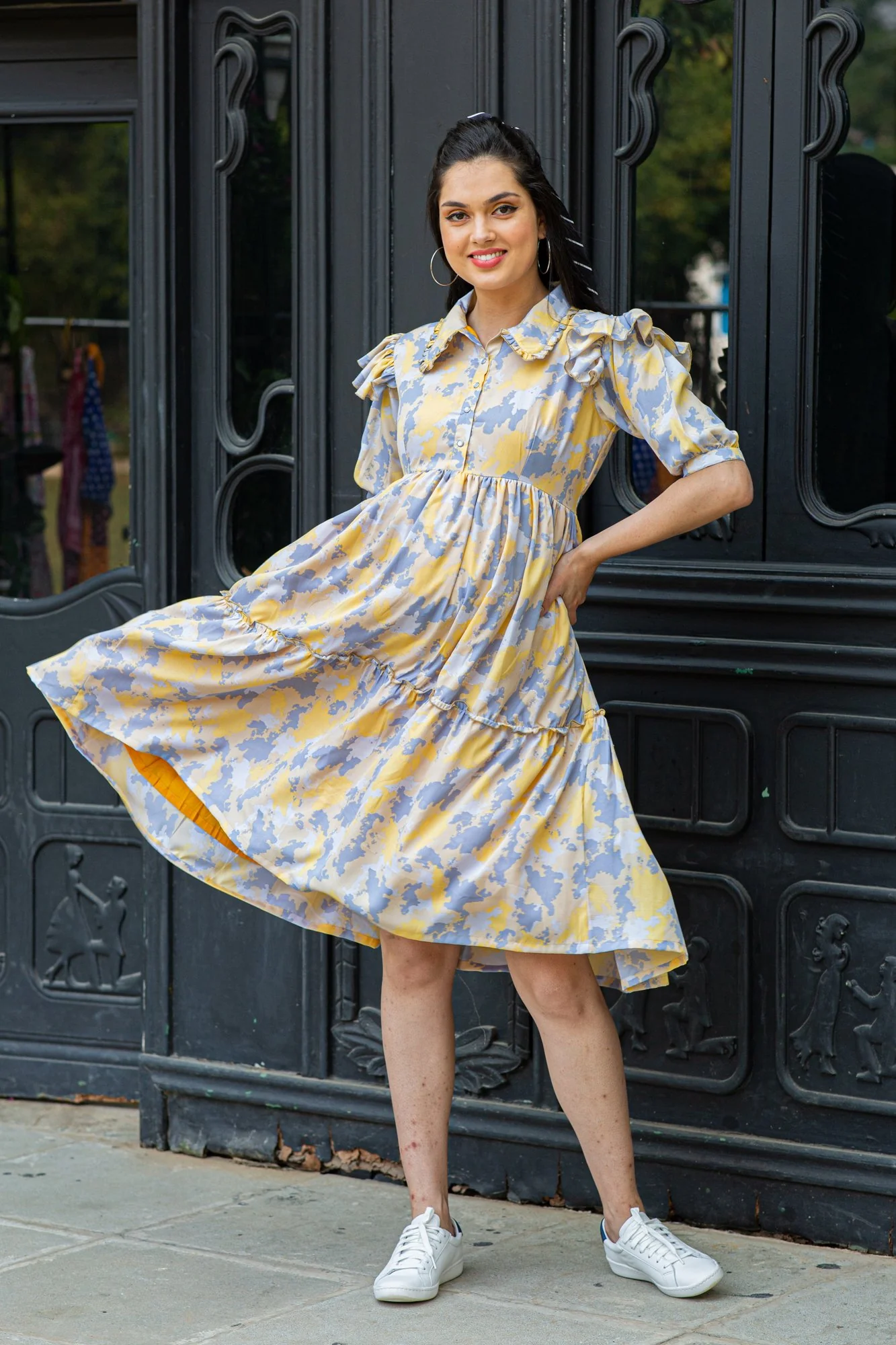 Petite Colorful Abstract Maternity & Nursing Frill Dress - Chenance