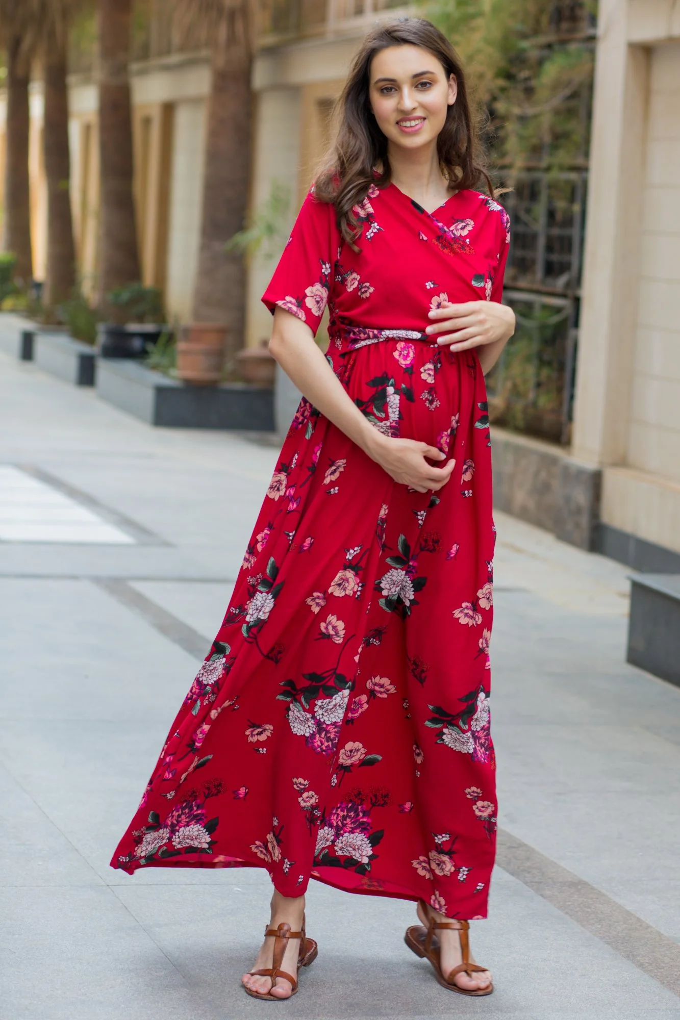 Luxe Red Floral Bubble Georgette Maternity & Nursing Wrap Dress - Chenance