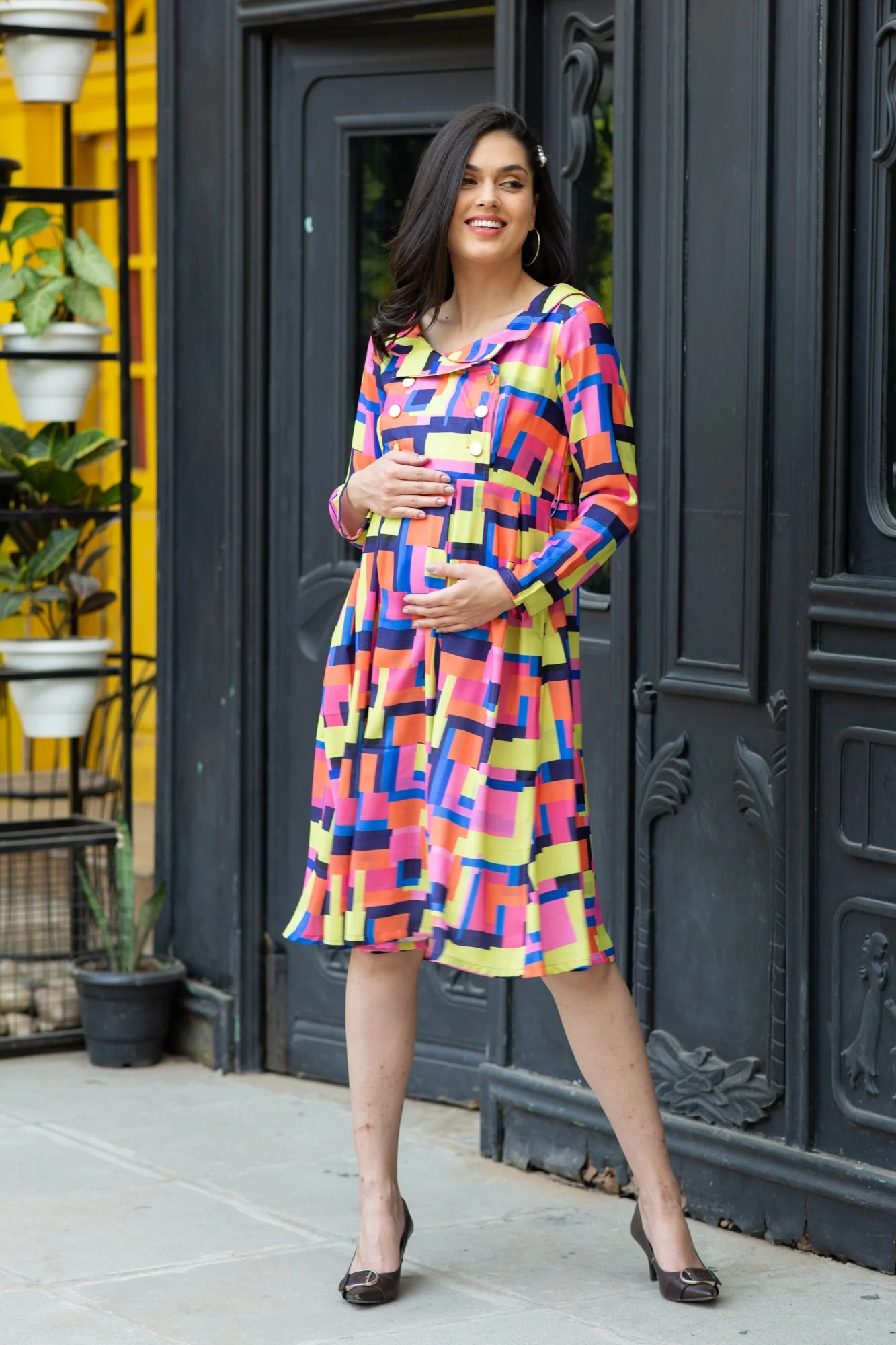 Premium Bubblegum Abstract Chic Collared Maternity Dress - Chenance