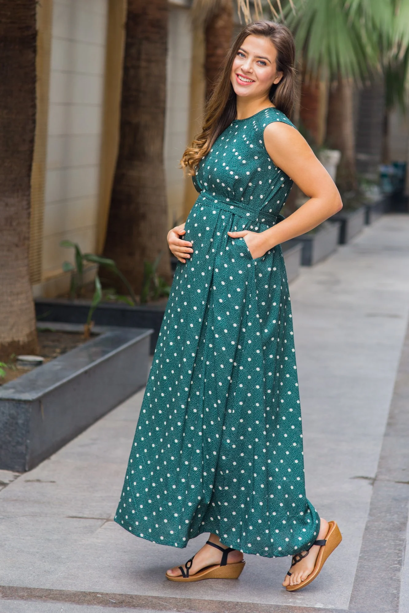 Bottle Green Polka Maternity & Nursing  Front Zip Dress - Chenance