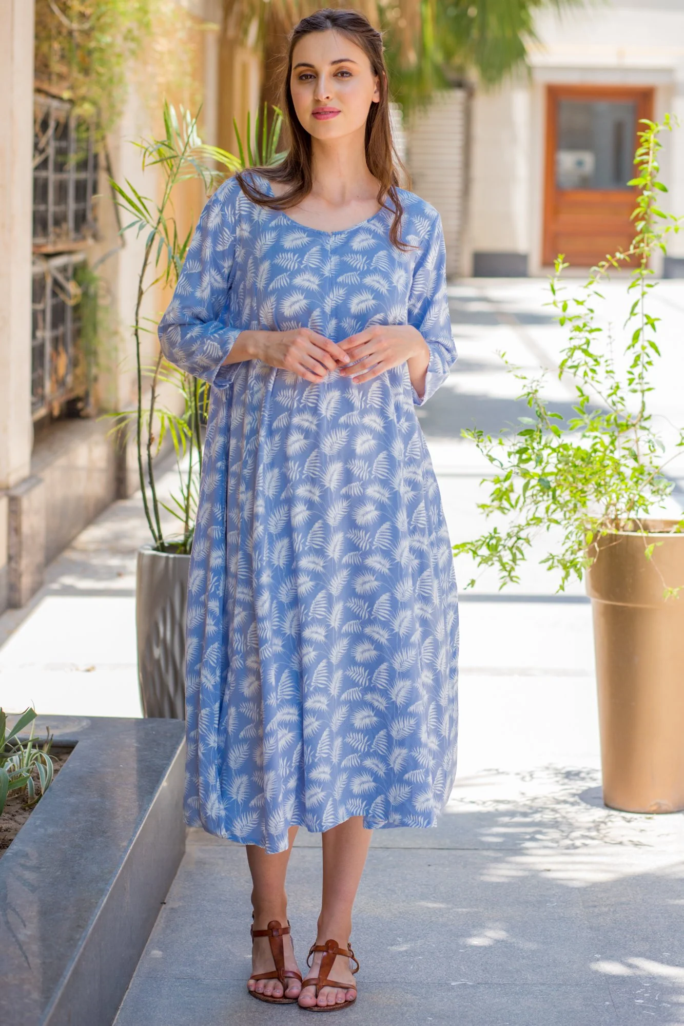 Powder Blue Leafy Maternity & Nursing Dual Dress Kurta - Chenance