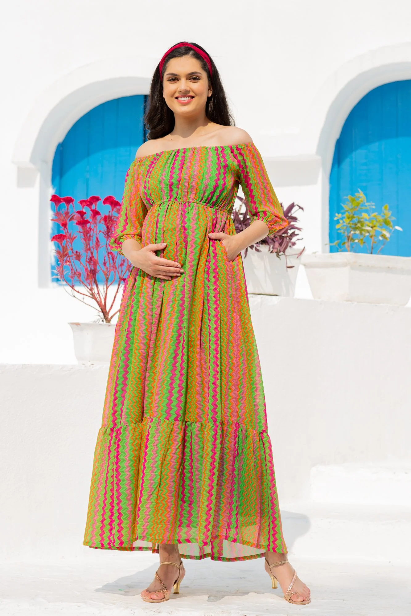 Flowy Dual Off-Shoulder Boat Neck Maternity & Nursing Maxi Dress - Chenance