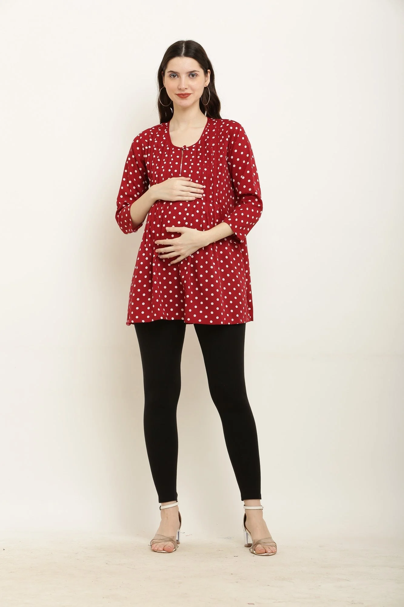 Rosy Red Polka Maternity & Nursing Pintucks Crepe Top - Chenance