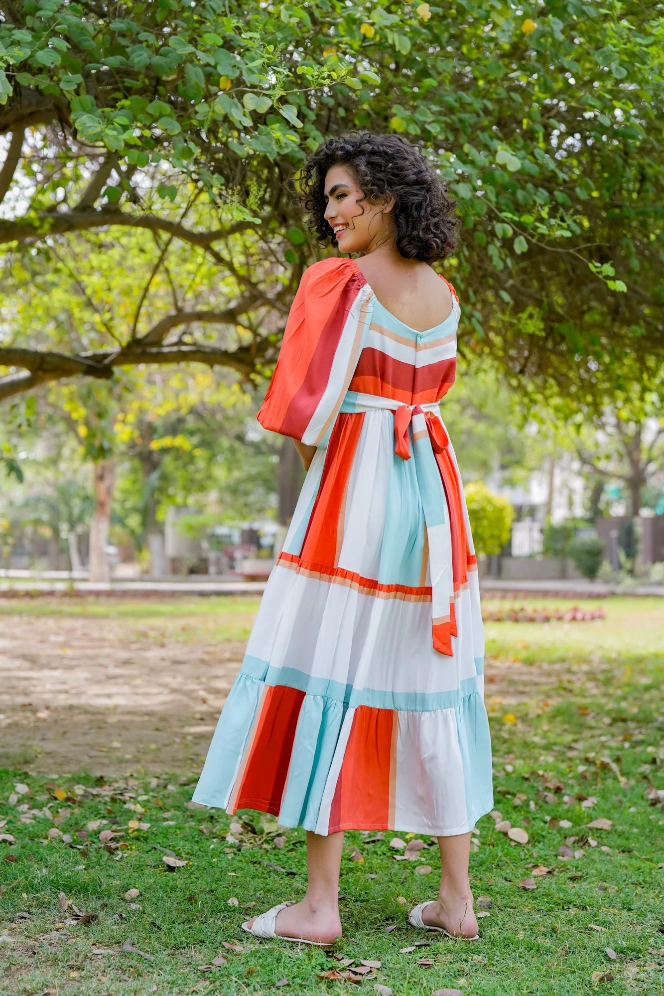 Cascading Retro Rust Ice Blue Striped Maternity Gathered Dress (100% Cotton) - Chenance