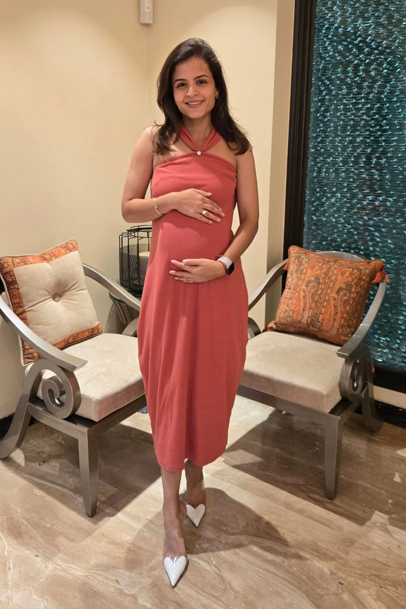 Effortless Melon Ribbed Maternity Fitted Dress - Chenance