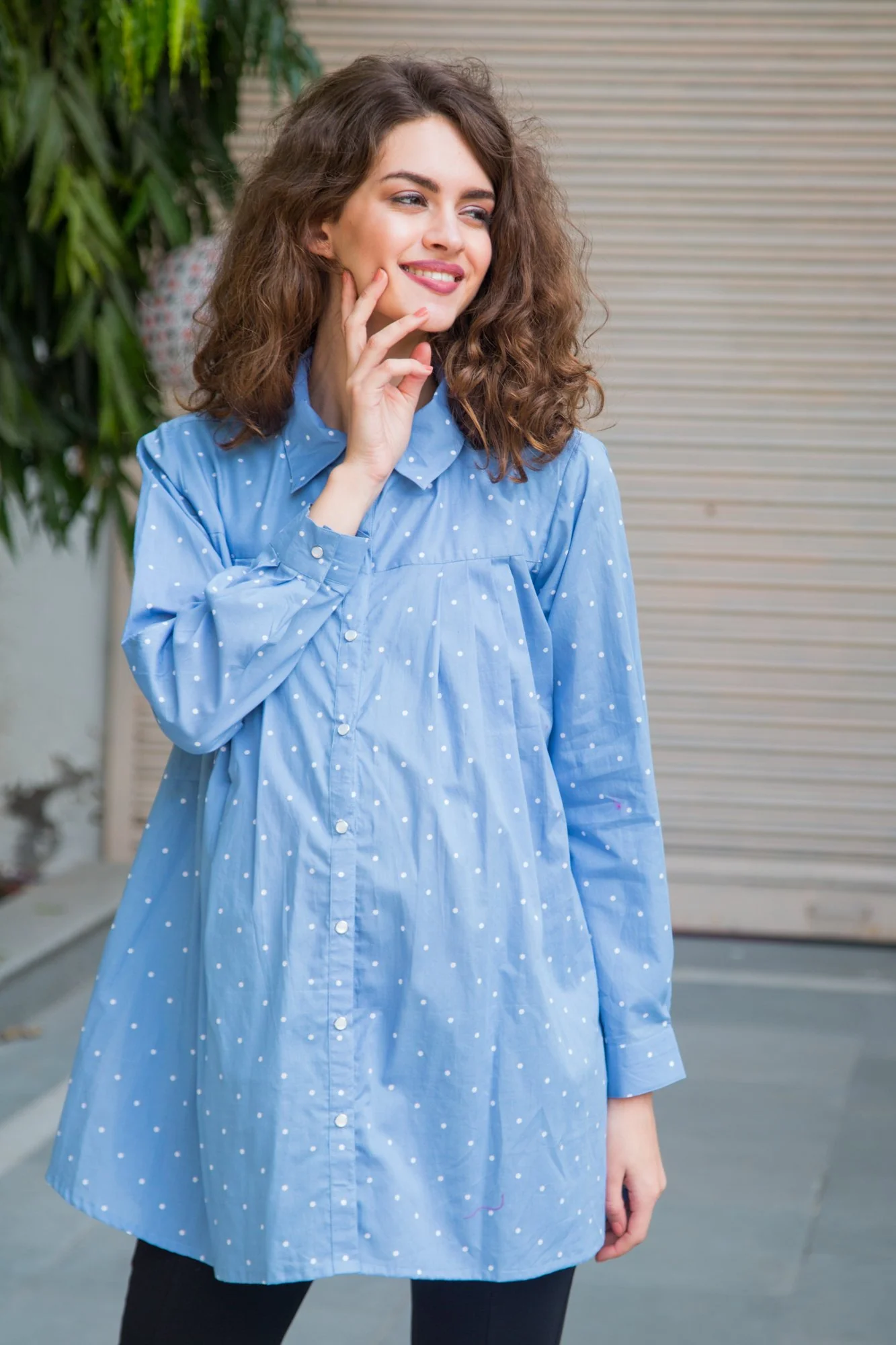 Sky Blue Polka Cotton Gathered  Maternity & Nursing Top - Chenance