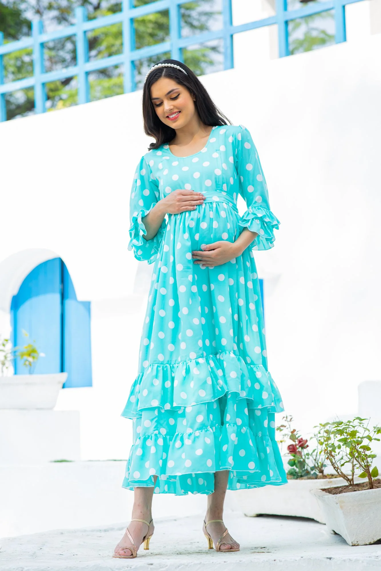 Classic Turquoise Polka Maternity & Nursing Frill Dress - Chenance