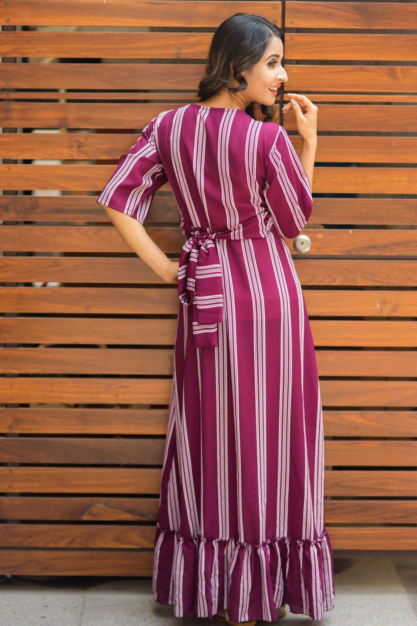 Plum Striped Hi-Low Frill Maternity & Nursing Wrap Dress - Chenance