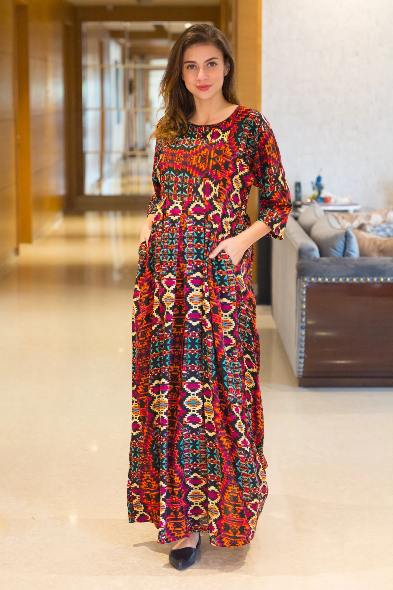 Sunshine Aztec Concealed Zip Maternity & Nursing Maxi - Chenance