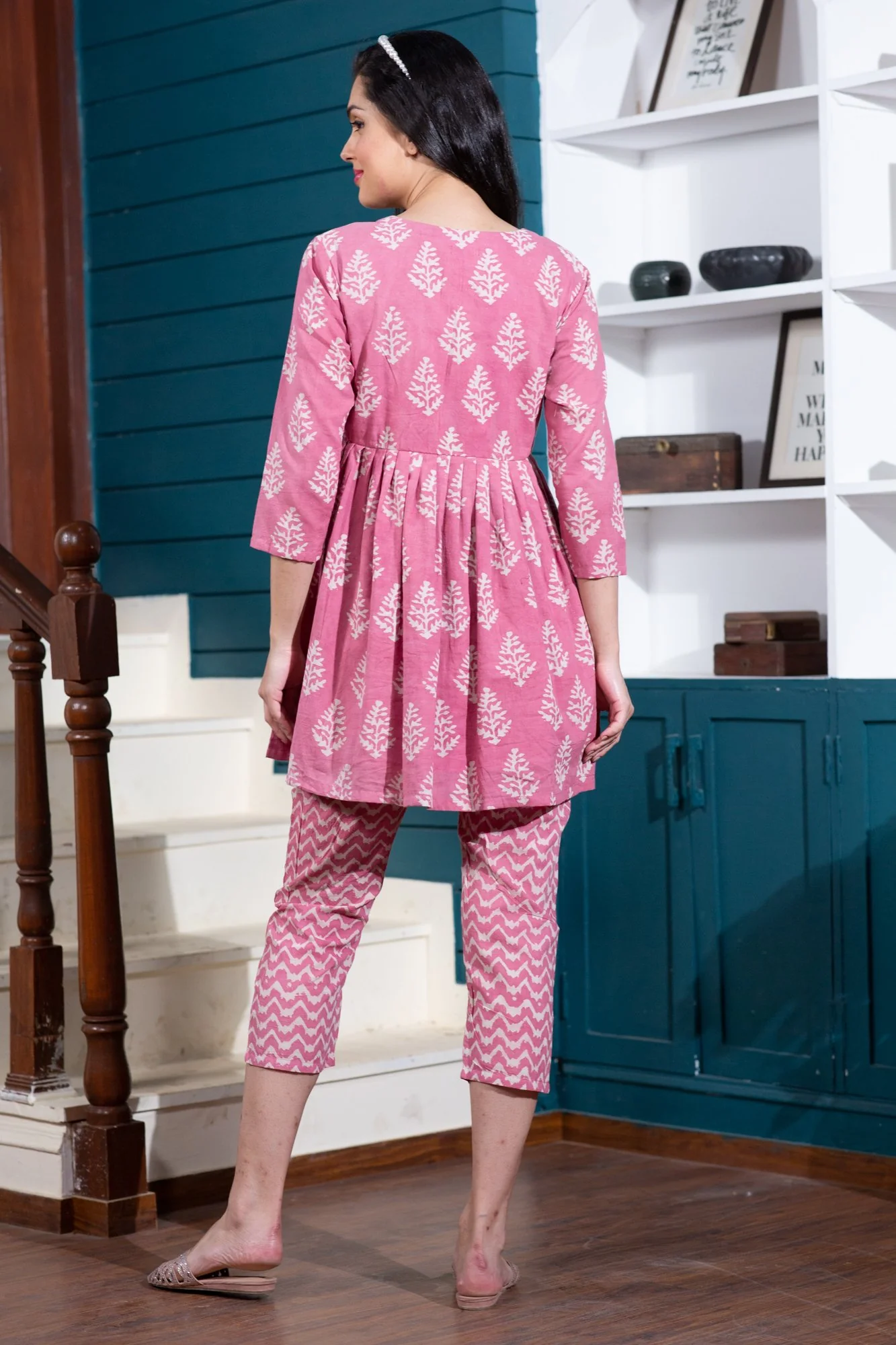 Rose Chevron Maternity & Nursing Lounge Coord Set (100% Cotton) (2 pc) - Chenance