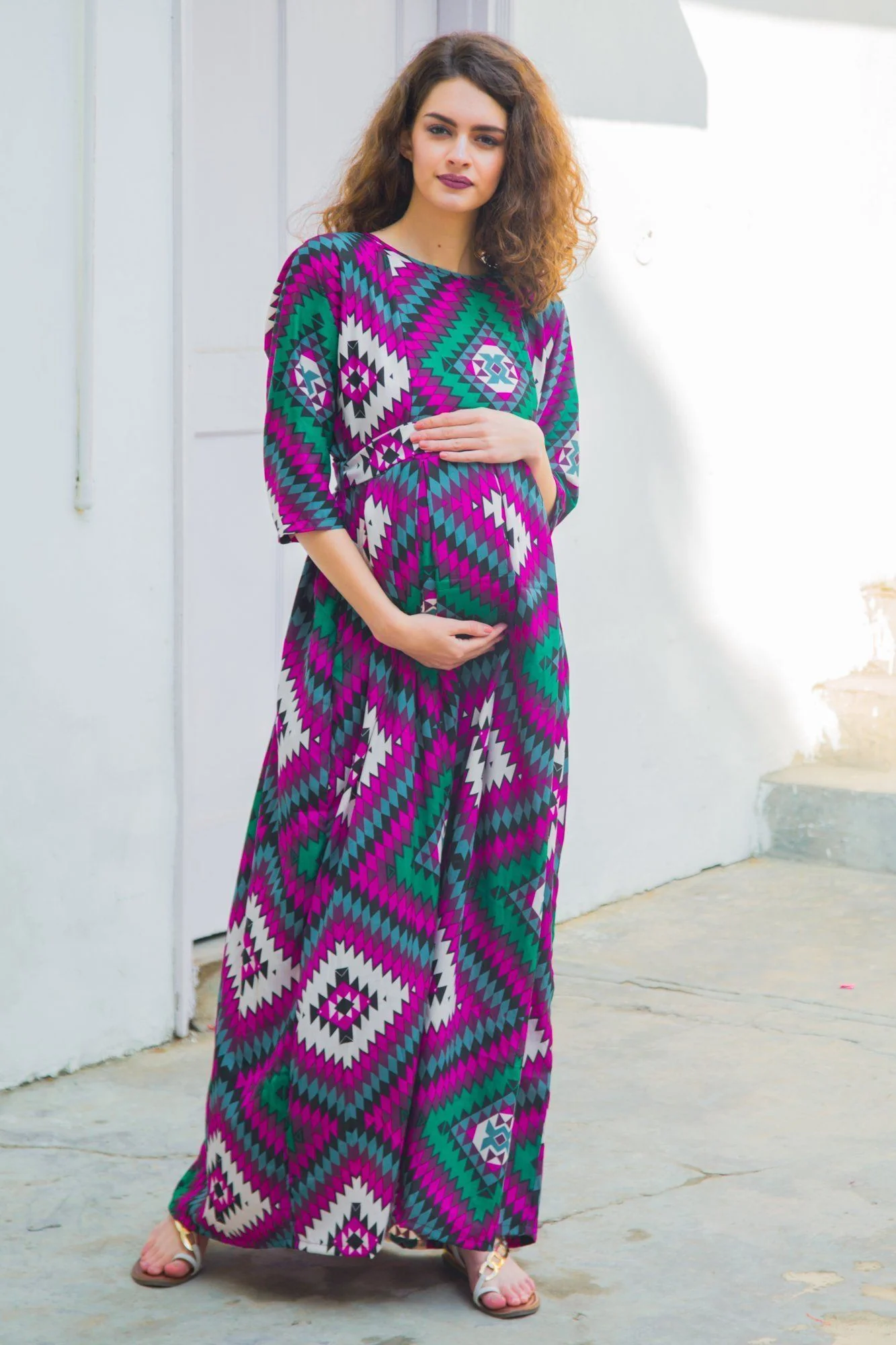 Azure Abstract Concealed Zip Maternity & Nursing Maxi - Chenance