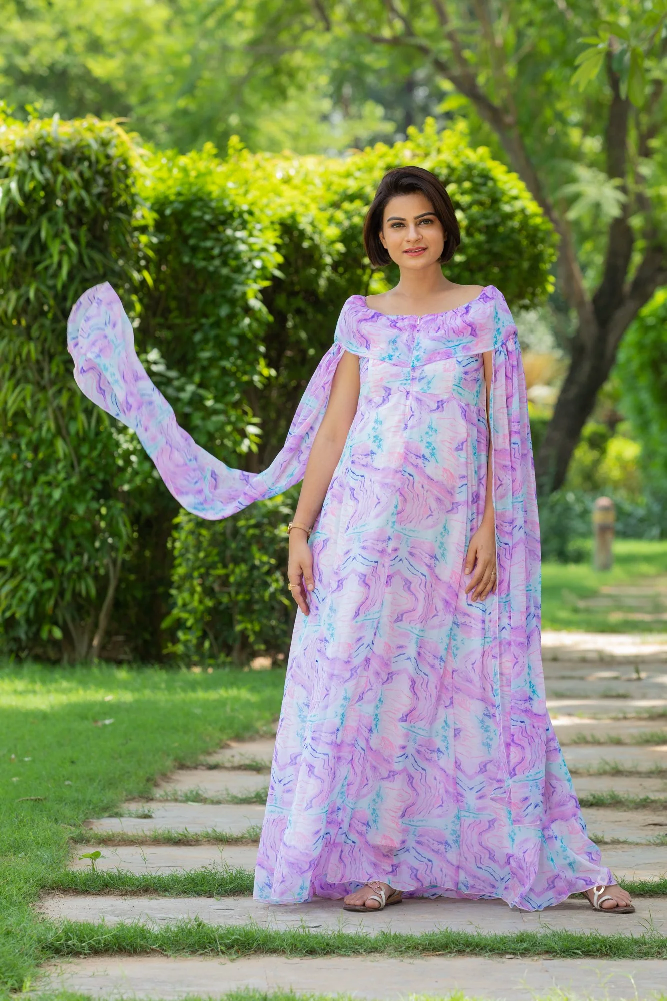 Lilac Breezy Flying Sleeves Maternity & Nursing Dress - Chenance