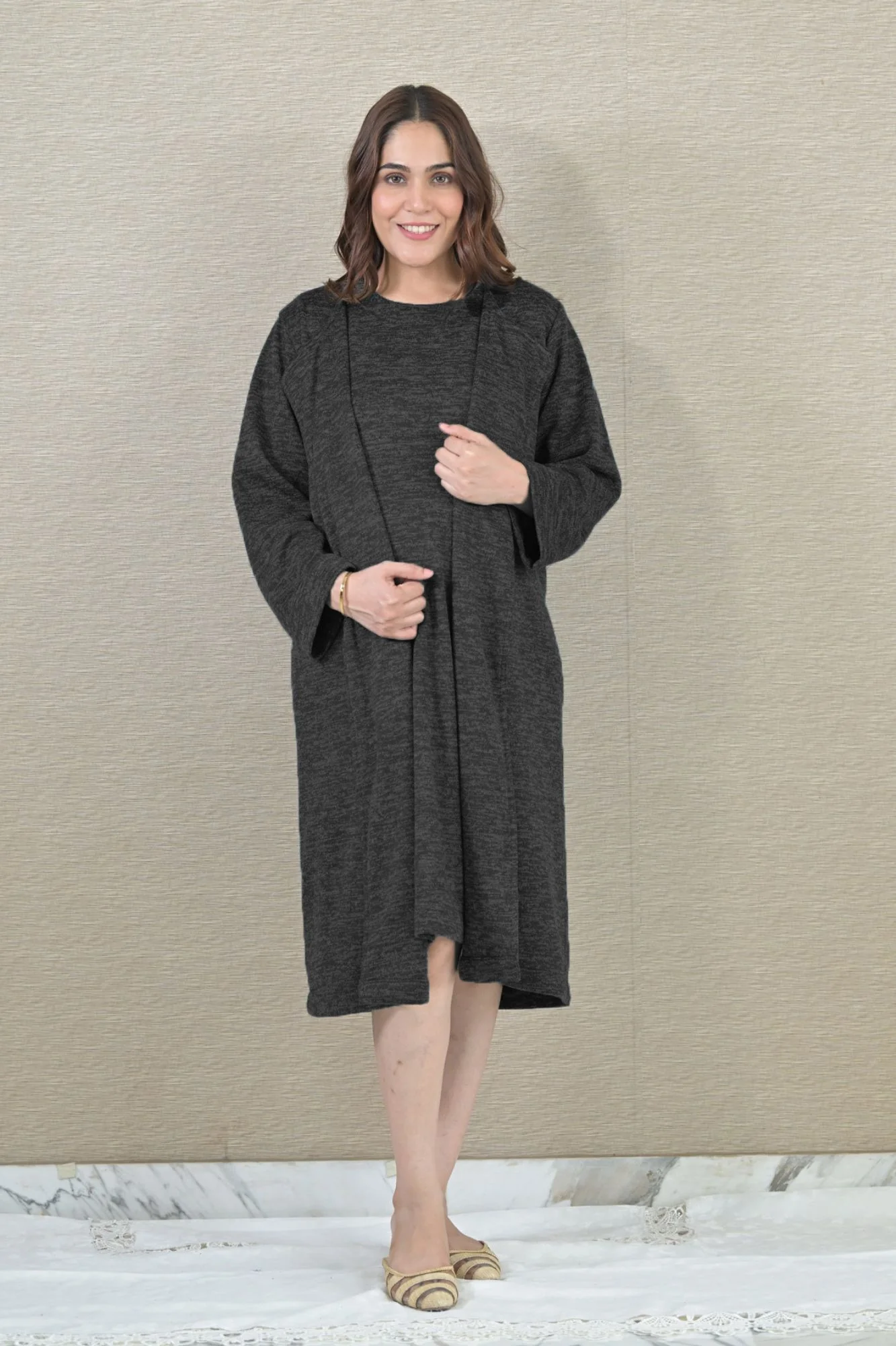 Chic Black Maternity Winter Dress With Cover Up (2pc) - Chenance