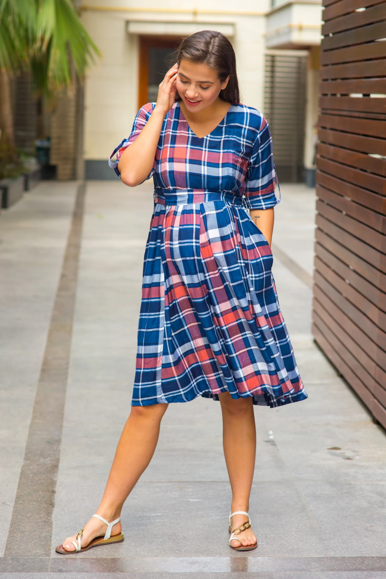Navy Peach Plaid Pintucks Nursing Dress - Chenance