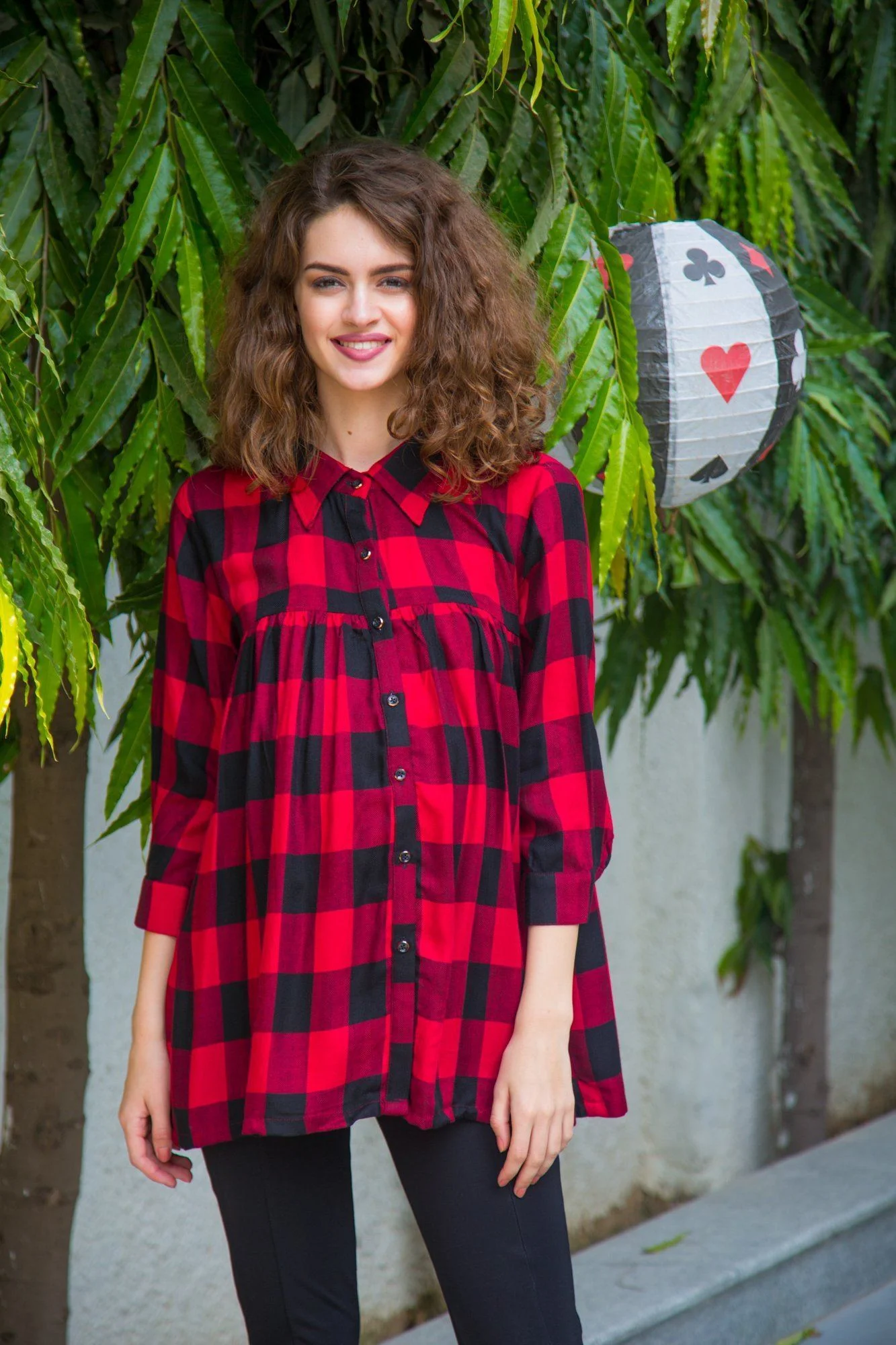 Classic Red Check Gathered Maternity & Nursing Top - Chenance